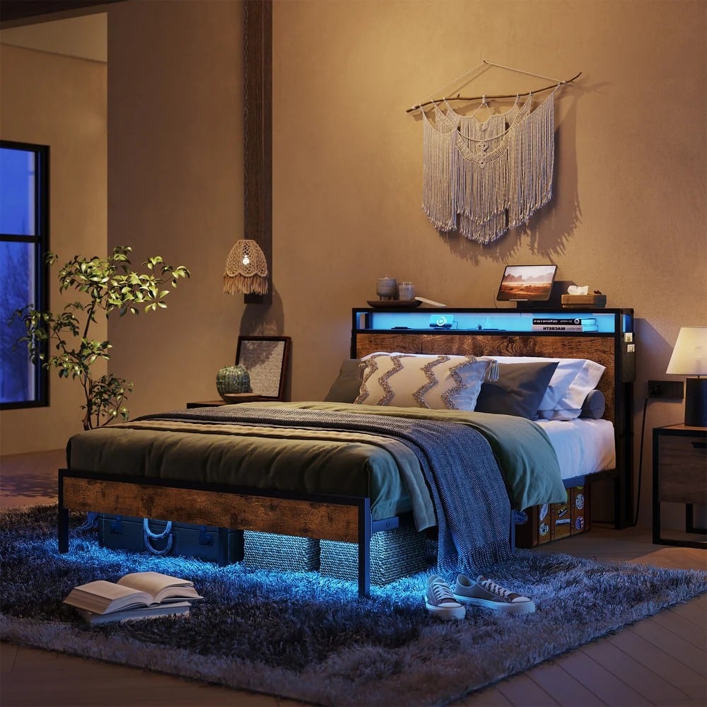 Left. Bestier - Full Size Bed Frame with LED Lights, Storage Headboard, USB Ports & Under-Bed Space, No Box Spring Needed - Brown.