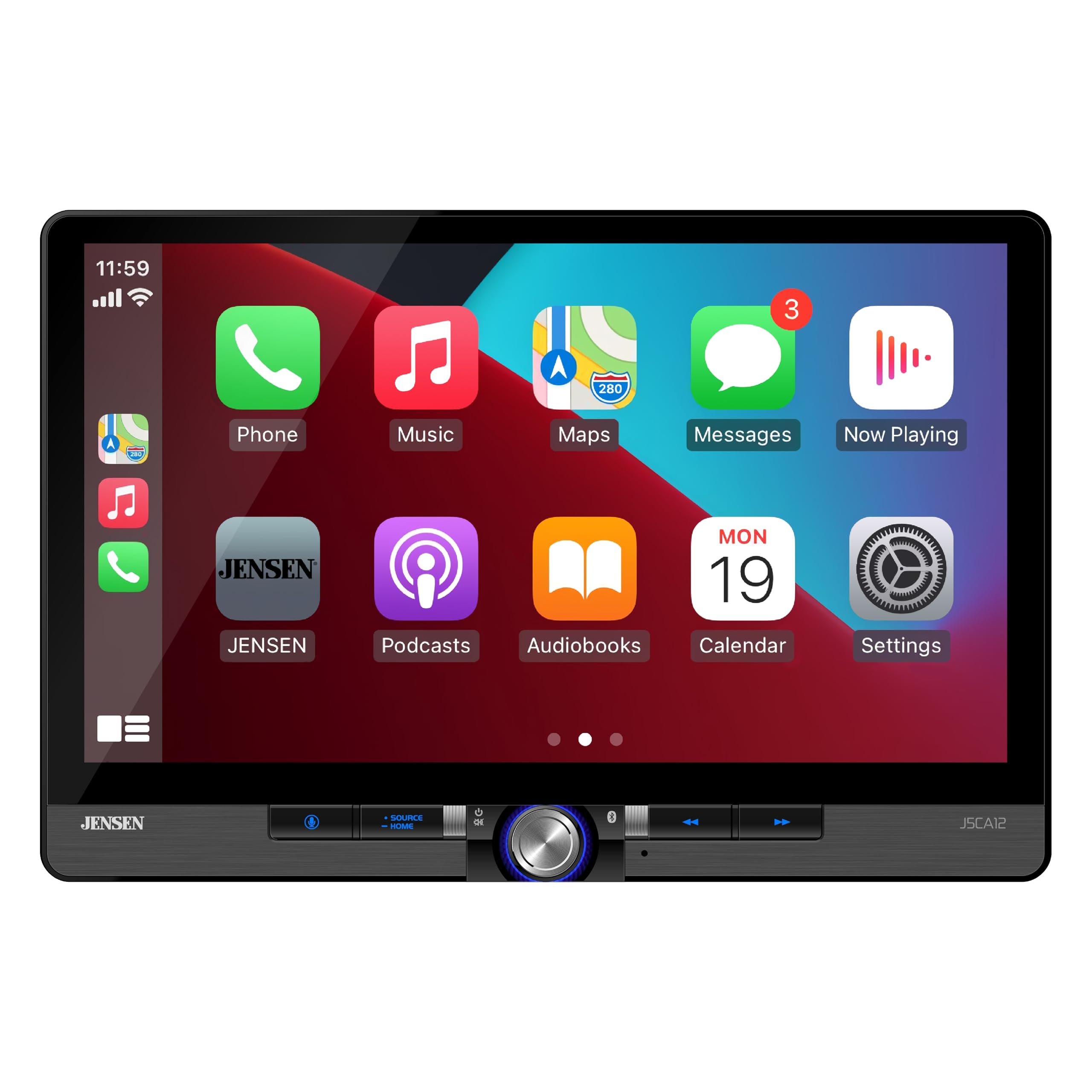 11:59, 3, 280, Phone, Music, Maps, Messages, Now Playing, JENSEN, JENSEN, MON 19, Podcasts, Audiobooks, Calendar, Settings, JSCA12