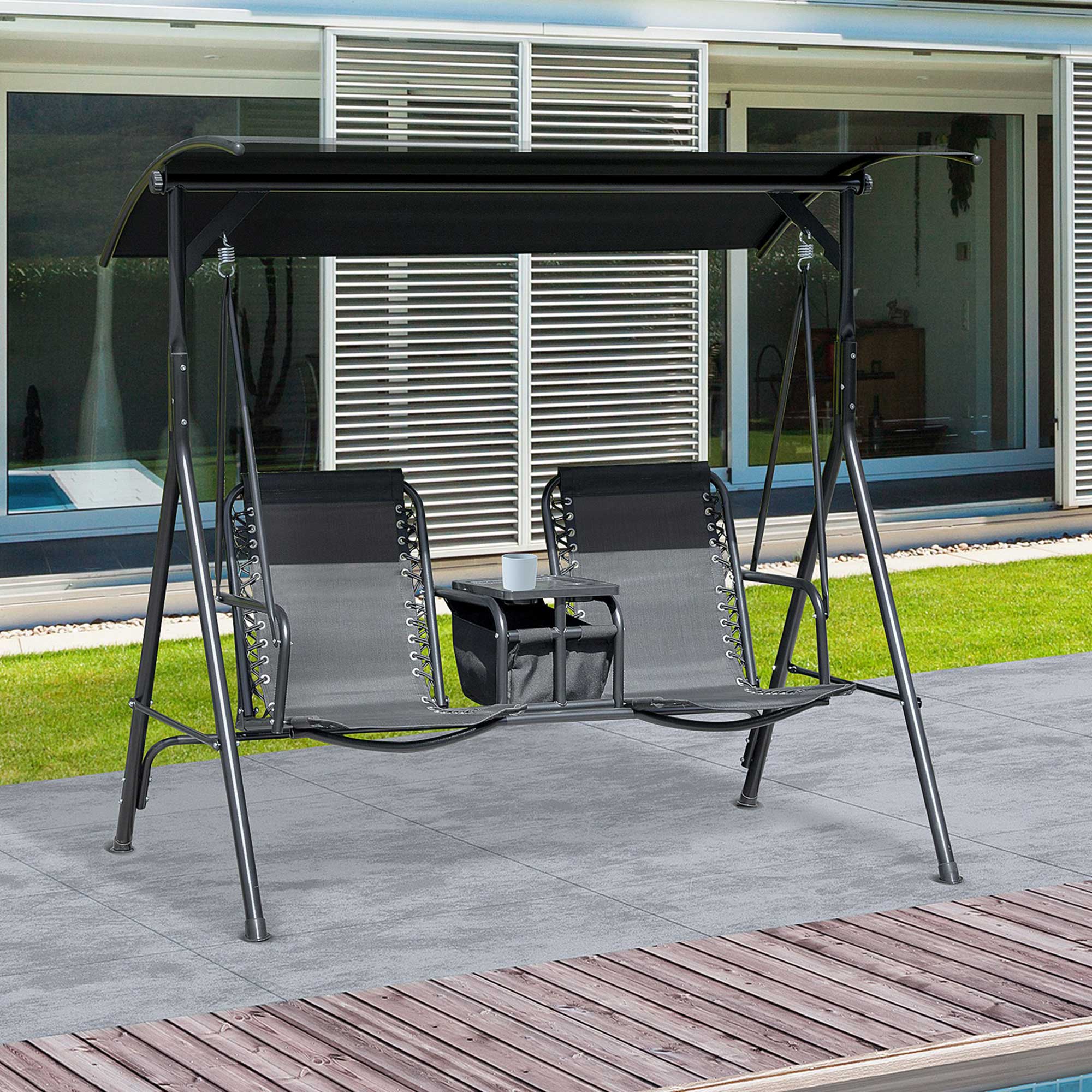 Alt View 1. Outsunny - 2-Seat Patio Swing Chair, Outdoor Canopy Swing Glider with Pivot Storage Table, Cup Holder, Adjustable Shade - Black.