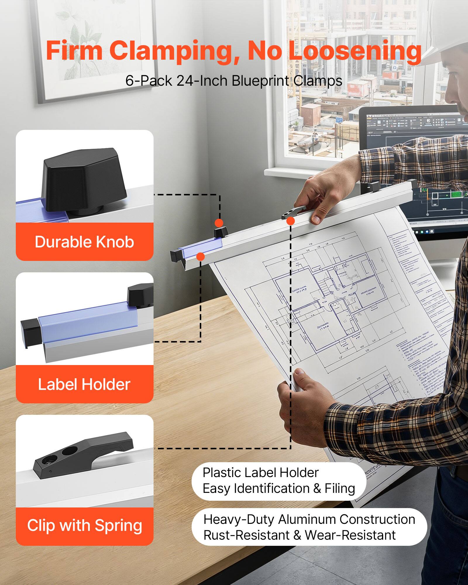 Firm Clamping, No Loosening - 6-Pack 24-Inch Blueprint Clamps

Durable Knob

Label Holder

Clip with Spring

Plastic Label Holder - Easy Identification & Filing

Heavy-Duty Aluminum Construction - Rust-Resistant & Wear-Resistant