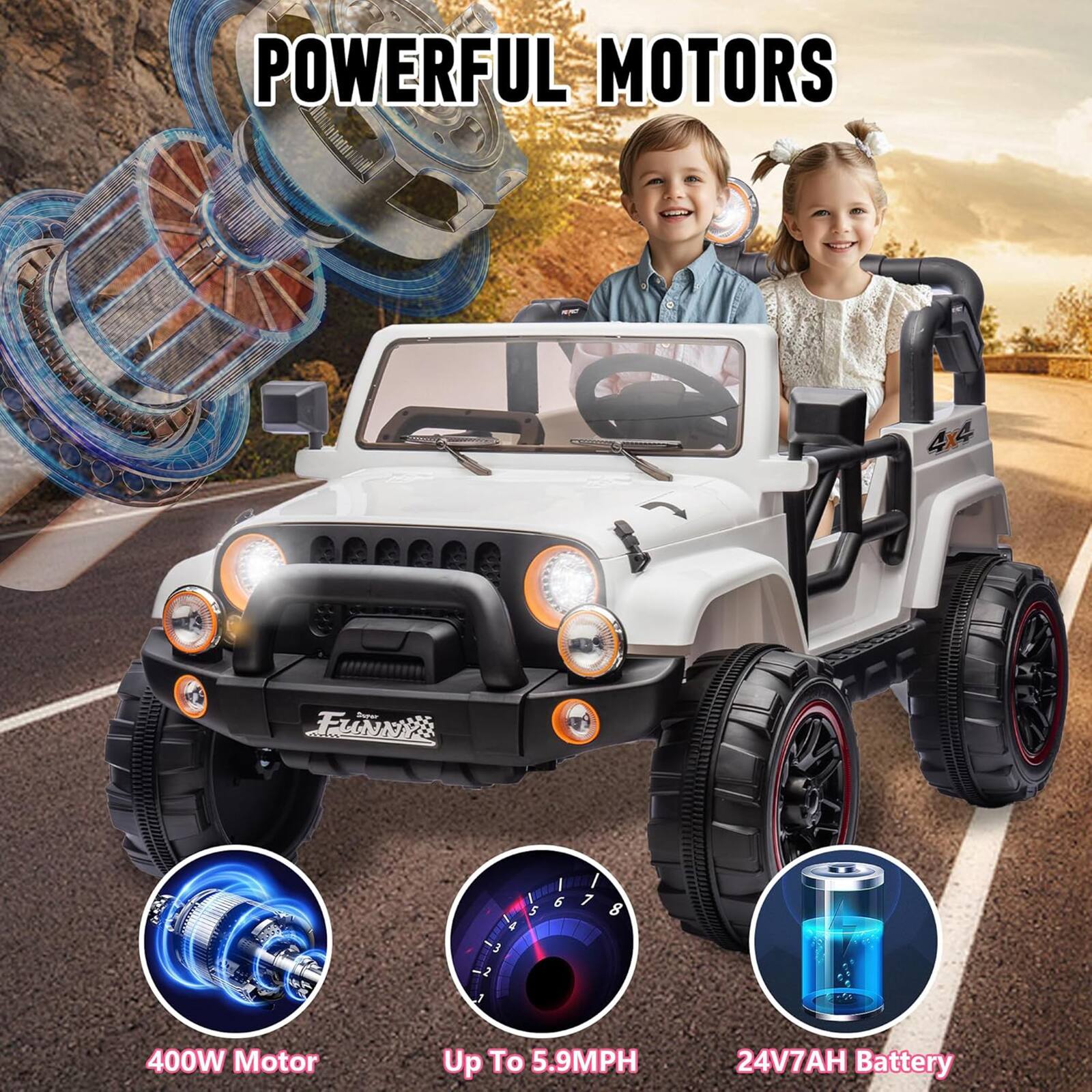 POWERFUL MOTORS

400W Motor  
Up To 5.9MPH  
24V7AH Battery