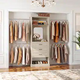 Aheaplus - 26'' - 110'' W Adjustable Closet Organizer System with 3 Drawers, 4 Retractable Hanging Rods and Mirror - Beige Oak