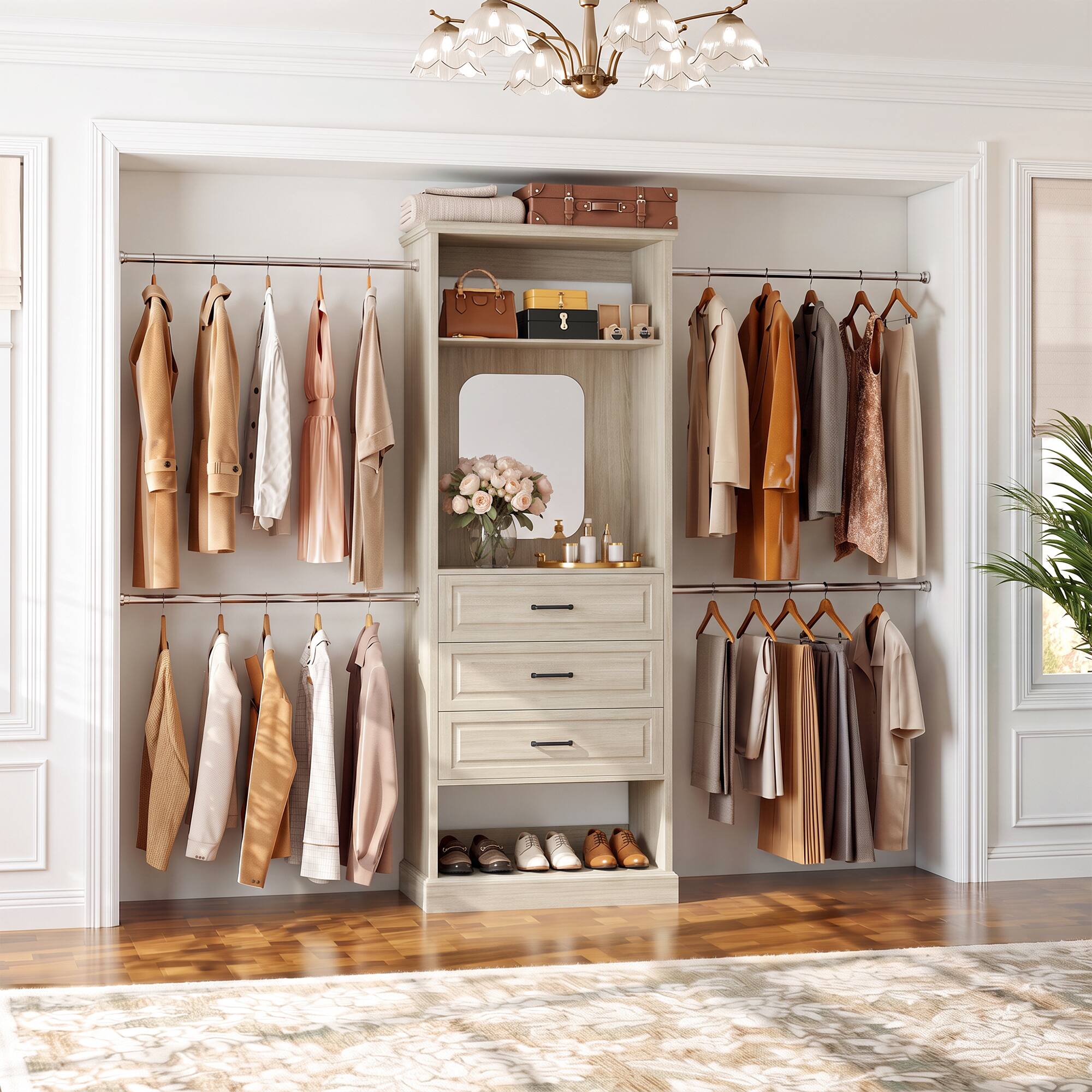 Aheaplus - 26'' - 110'' W Adjustable Closet Organizer System with 3 Drawers, 4 Retractable Hanging Rods and Mirror - Beige Oak