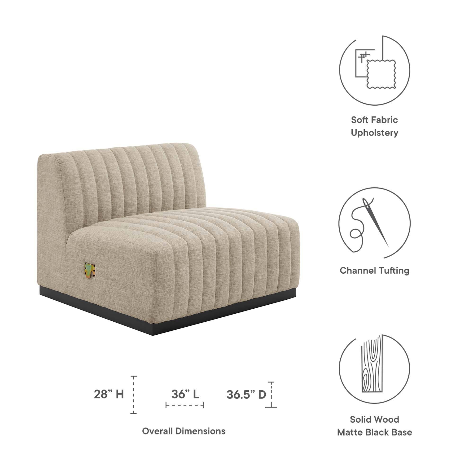 Soft Fabric Upholstery  
Channel Tufting  
28" H x 36" L x 36.5" D  
Overall Dimensions  
Solid Wood Matte Black Base