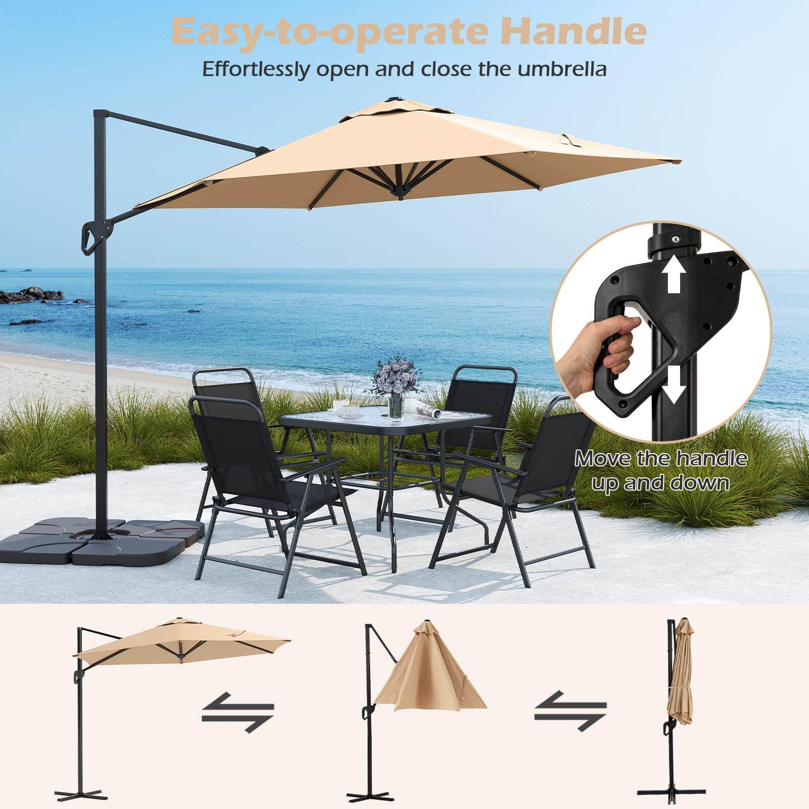 Easy-to-operate Handle  
Effortlessly open and close the umbrella  

Move the handle up and down