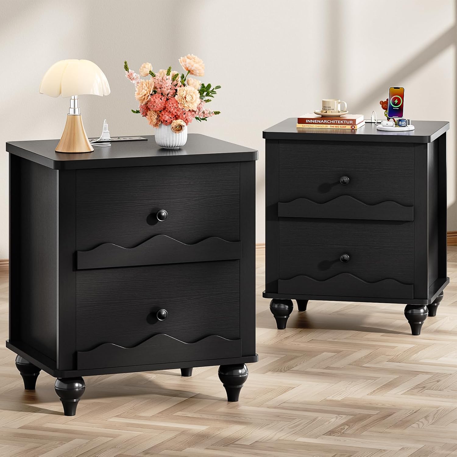 Aheaplus - Nightstand with 2 Drawers, Farmhouse Nightstand with Charging Station, 2 Piece Set - Black