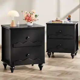 Aheaplus - Nightstand with 2 Drawers, Farmhouse Nightstand with Charging Station, 2 Piece Set - Black