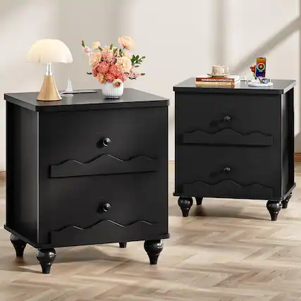 Front. Aheaplus - Nightstand with 2 Drawers, Farmhouse Nightstand with Charging Station, 2 Piece Set - Black.