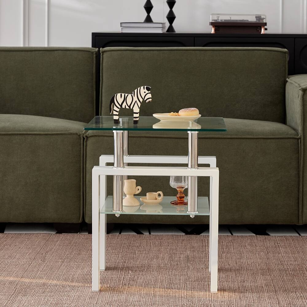 Back. Loheer - Loheer White Tempered Clear Glass End Table 2-Layer Small Sofa Side Table with Storage - White.