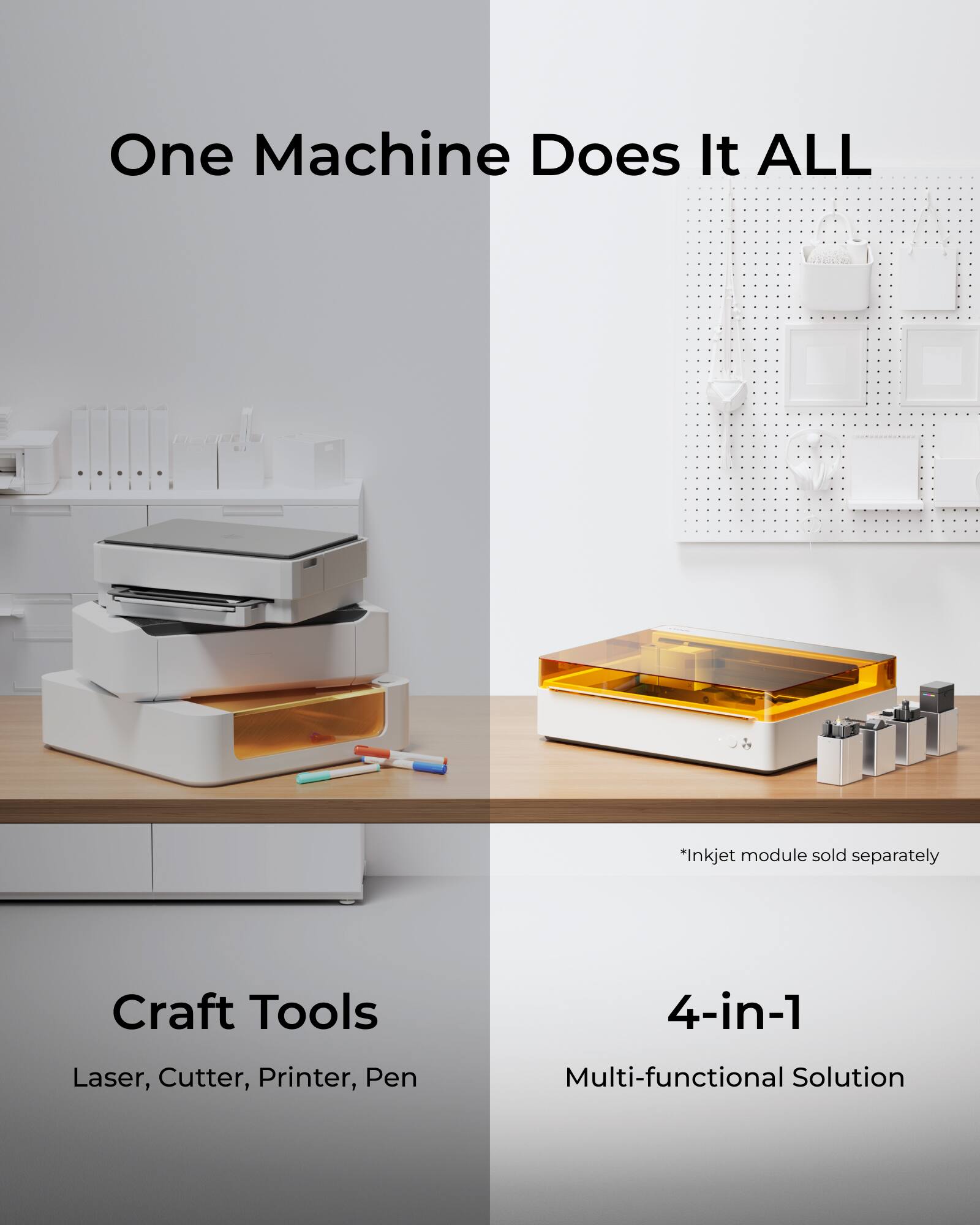 One Machine Does It ALL  
*Inkjet module sold separately  

Craft Tools  
Laser, Cutter, Printer, Pen  

4-in-1  
Multi-functional Solution