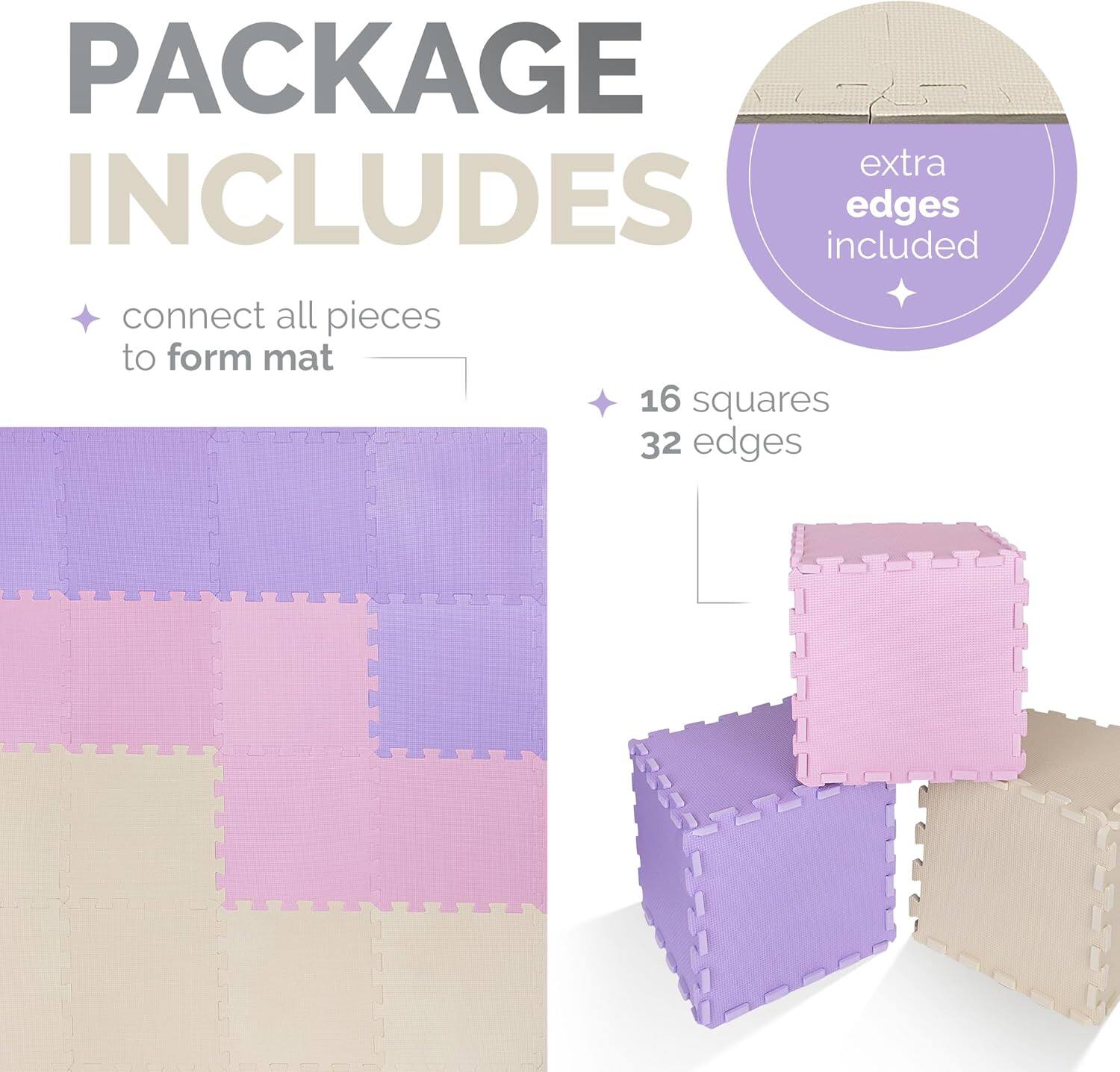 PACKAGE INCLUDES
extra edges included
connect all pieces to form mat
16 squares 32 edges