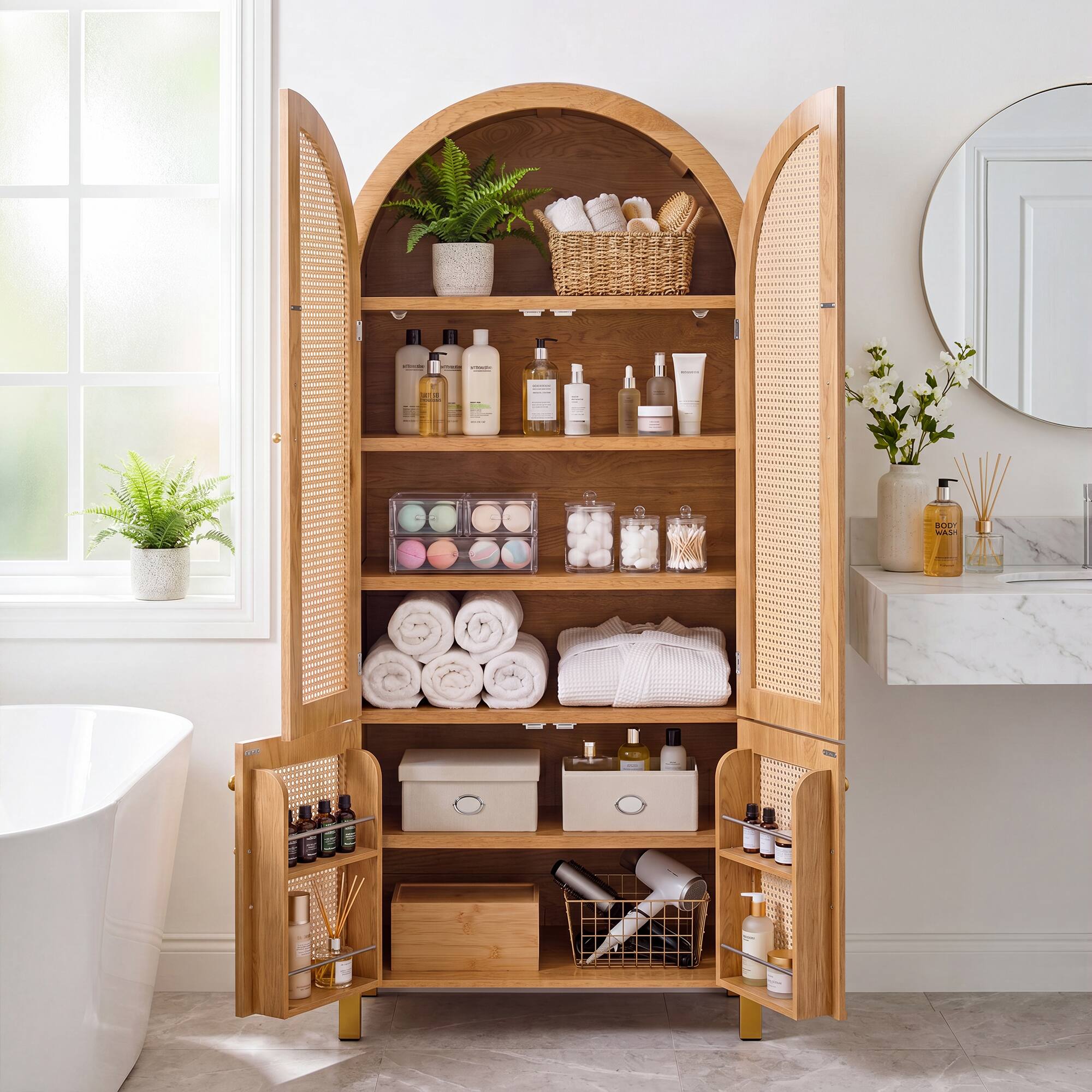 Alt View 1. Loheer - Loheer Arched Storage Cabinet, Oak Rattan Door Cabinet with Adjustable Shelves and Door Racks, Tall Pantry Cabinet - Oak.