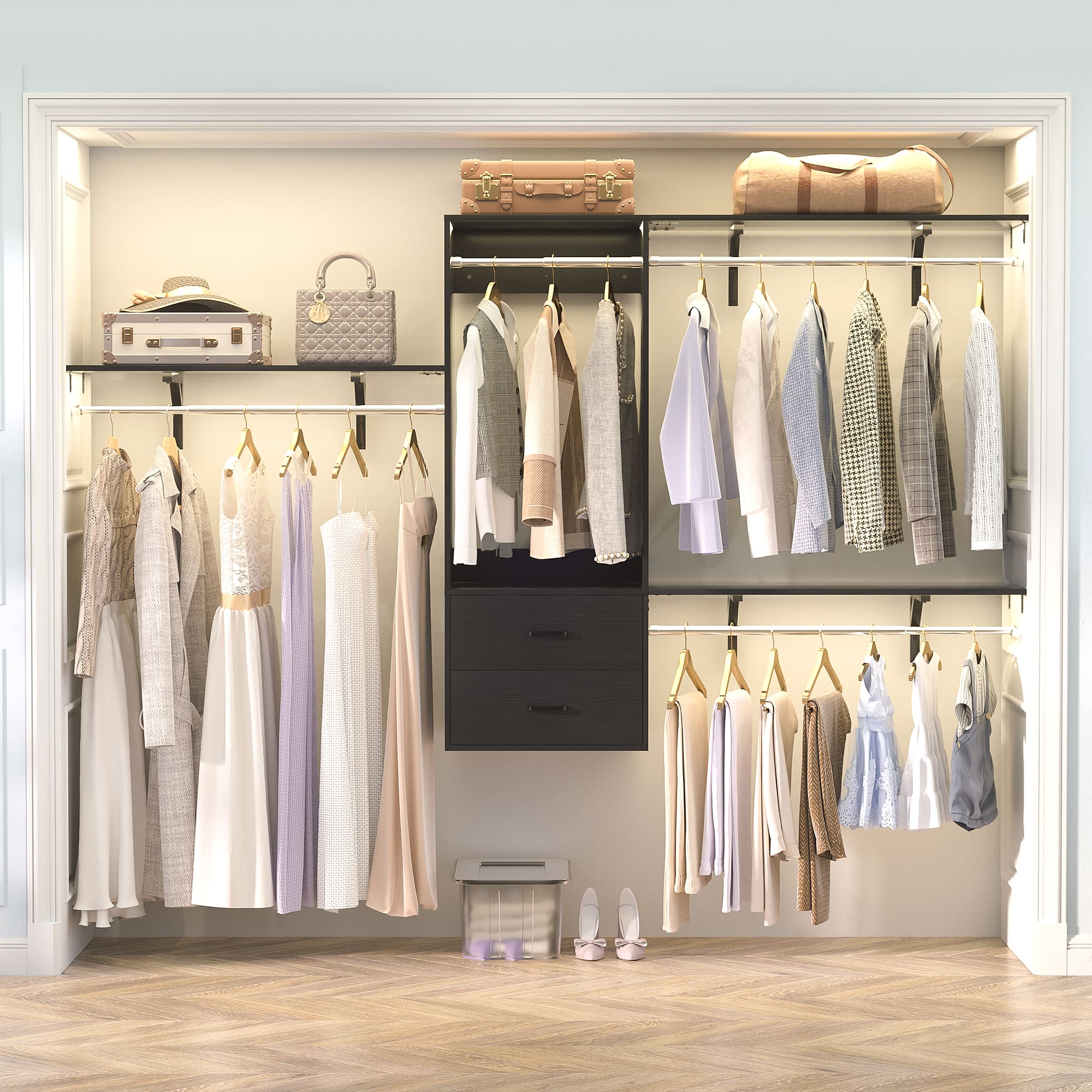 Aheaplus - 20'' - 96'' Wall Mounted Closet Organizer System with 3 Shelf Towers, 3 Hanging Rods and 2 Drawers - Black price history on PriceWatchPro