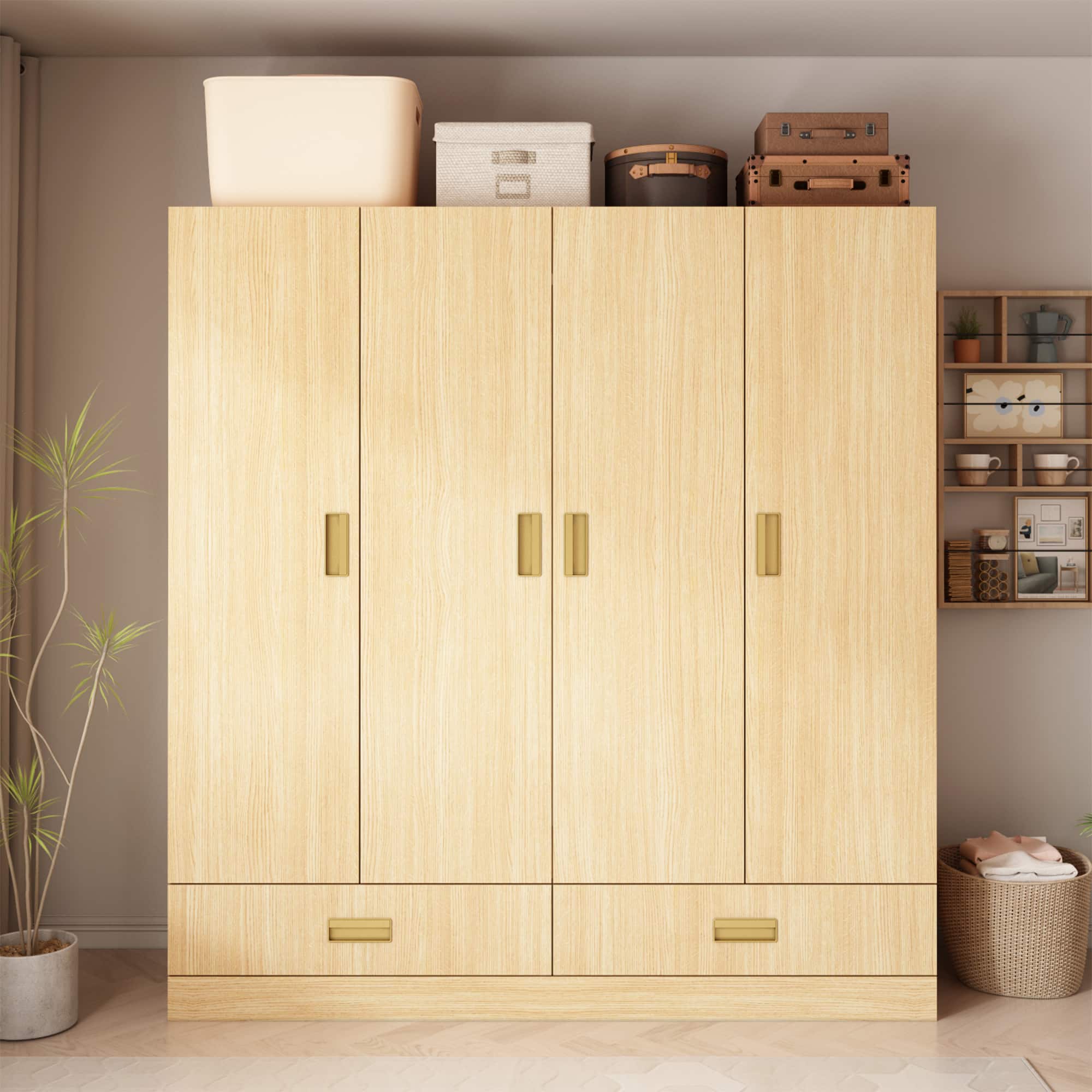 FUFU & GAGA Wood Grain Wardrobe Closet with 4 Doors and 2 Drawers