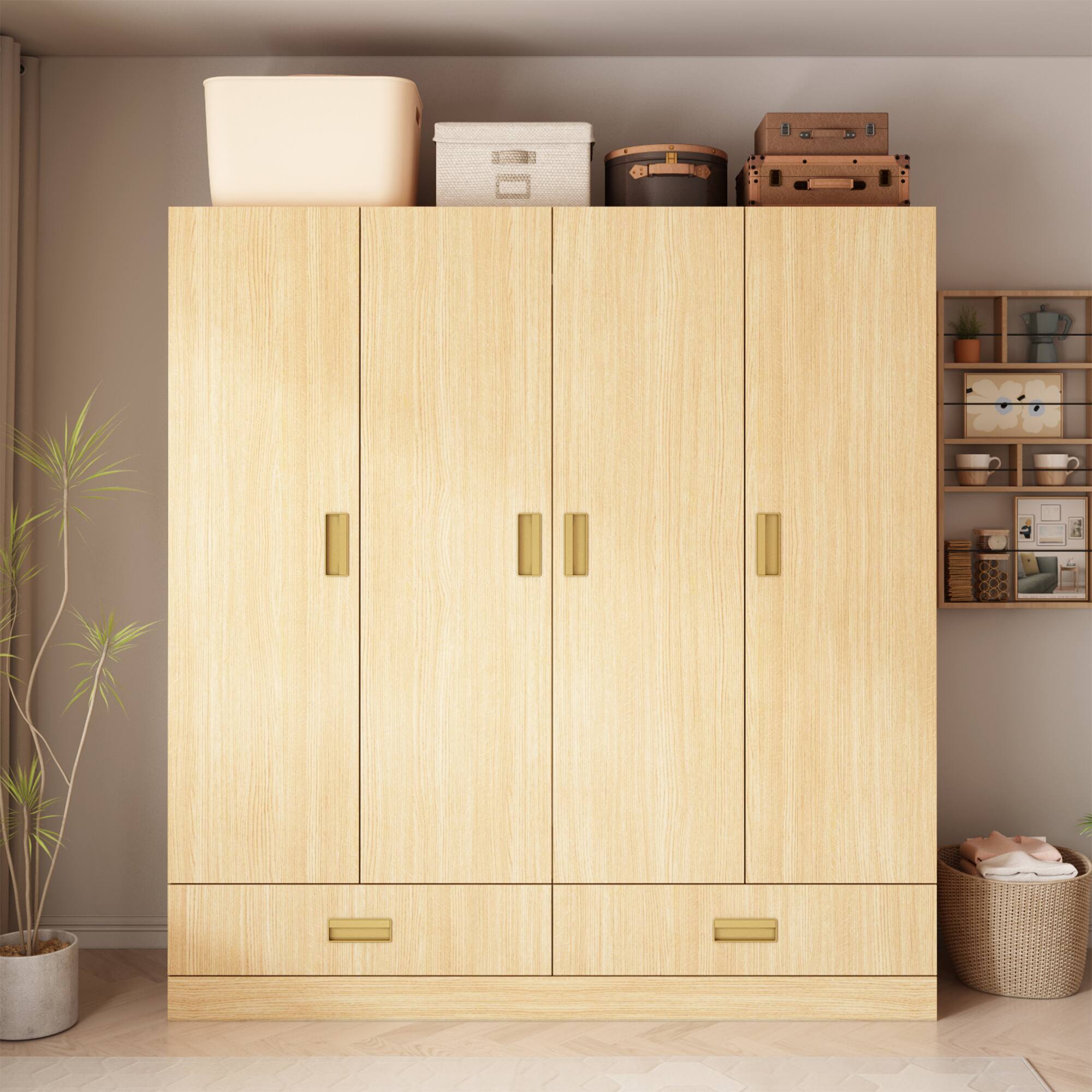 Front. FUFU&GAGA - Wood Grain Wardrobe Closet with 4 Doors and 2 Drawers Large Armoire Storage Cabinet Organizer for Bedroom - Wooden.