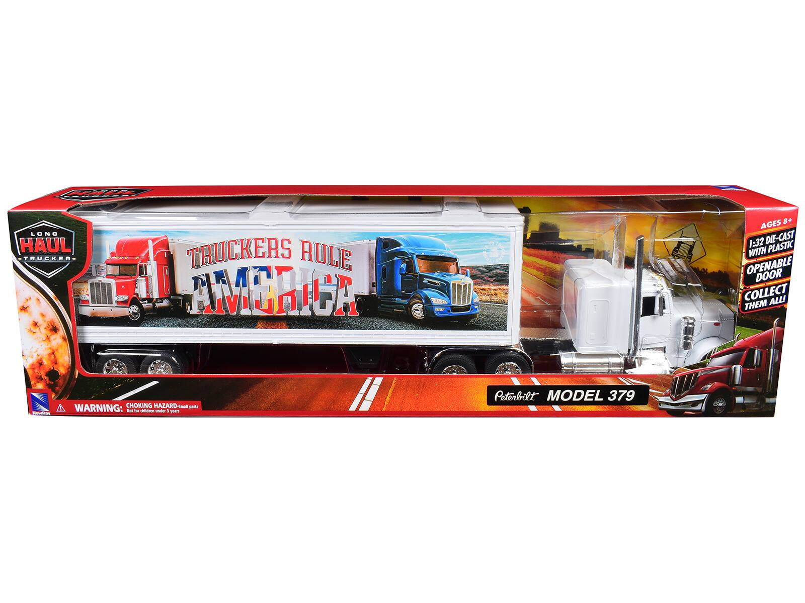 LONG HAUL TRUCKER  
TRUCKERS RULE AMERICA  
PETERBILT MODEL 379  

AGES 8+  
1:32 DIE-CAST WITH PLASTIC OPENABLE DOOR  
COLLECT THEM ALL!  

WARNING: CHOKING HAZARD - Small parts. Not for children under 3 years.