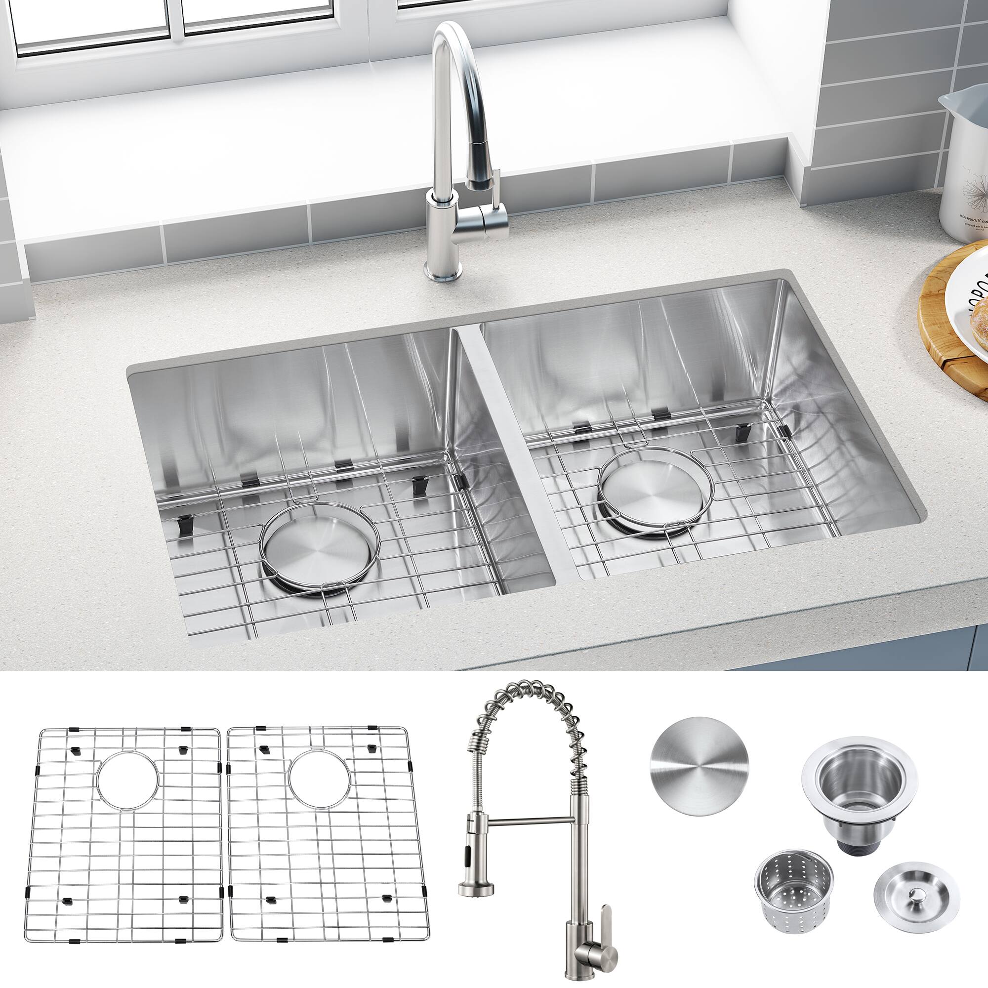 Left. Akicon - Akicon 32 in. Undermount Double Bowl 18-Gauge Kitchen Sink and Pull-Down Faucet with Bottom Grid and Basket Strainer - Silver.