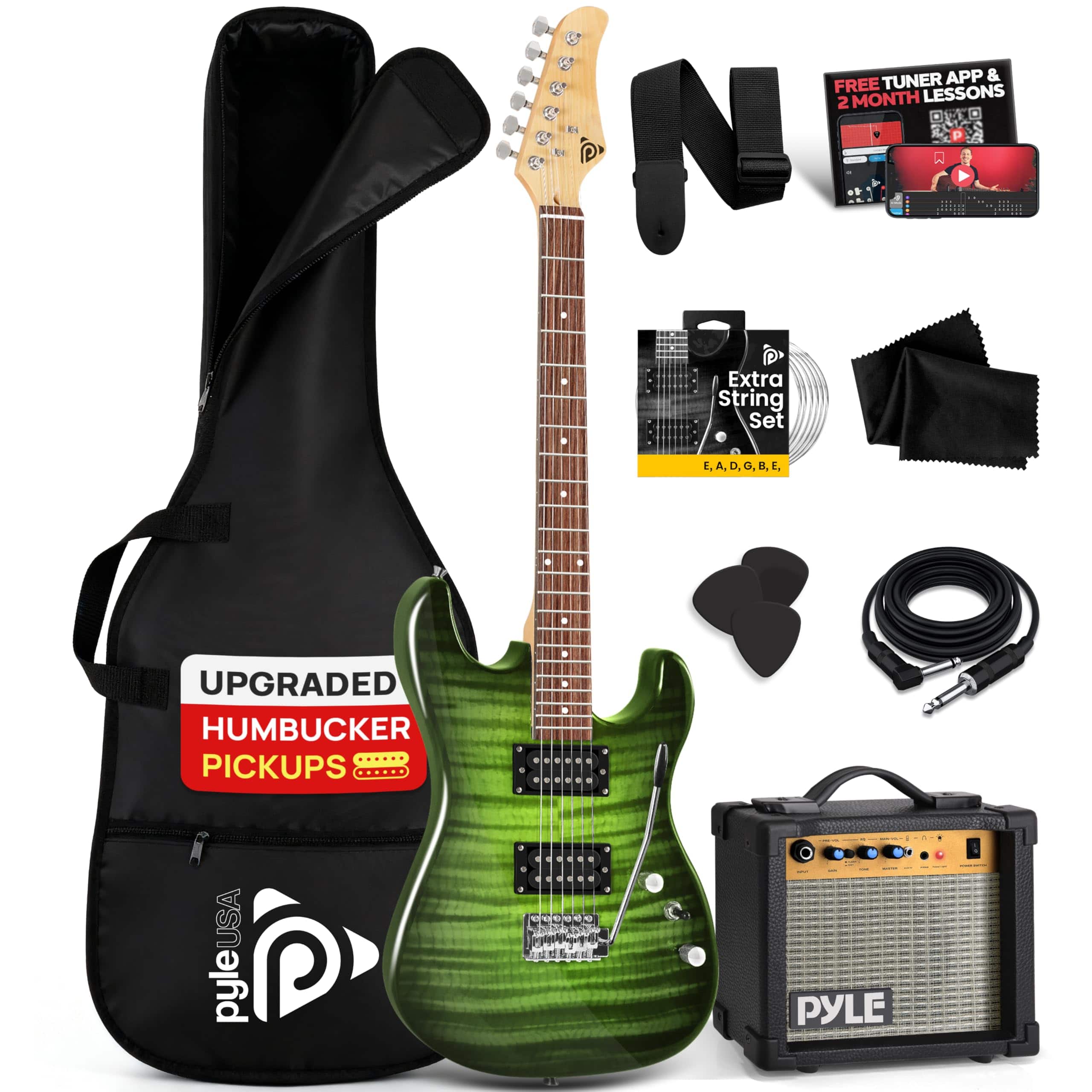 Pyle - Electric Guitar Kit with Amp, Full Size, Humbucker Pickups, 39" - PEGKT99GR.X9 - Green