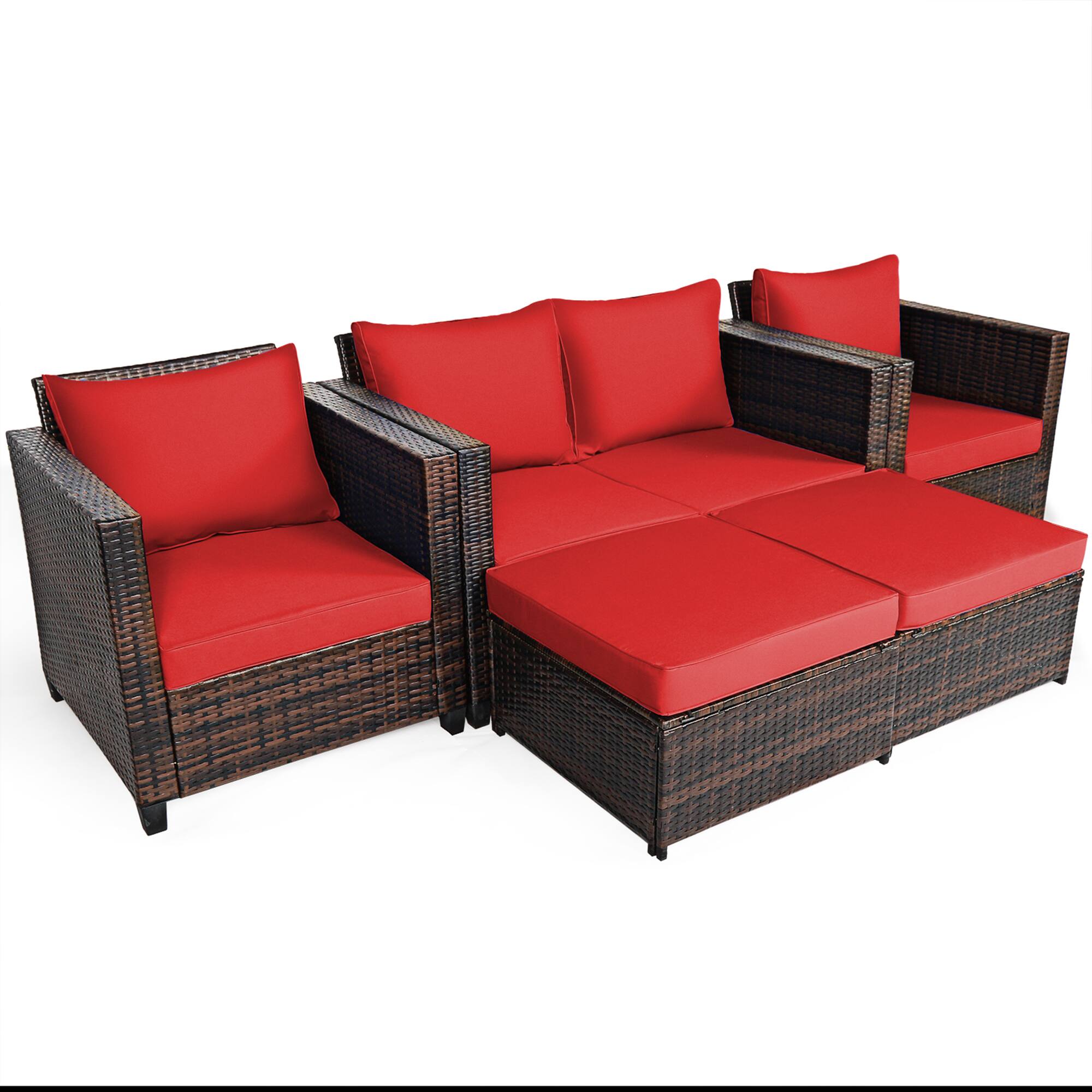 Alt View 7. Gymax - Gymax 5PCS Outdoor Patio Rattan Conversation Sofa Furniture Set w/ Red Cushions - Red.