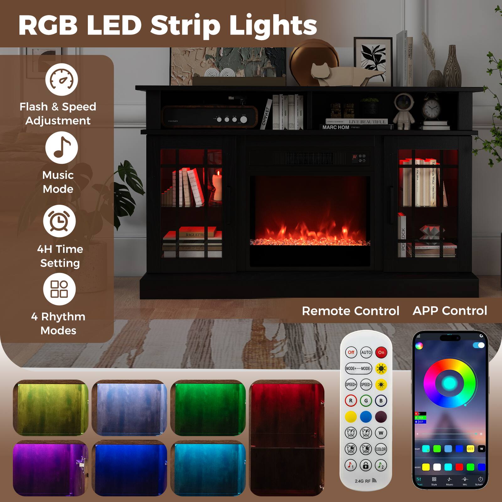 RGB LED Strip Lights

- Flash & Speed Adjustment
- Music Mode
- 4H Time Setting
- 4 Rhythm Modes

Remote Control | APP Control

COLOR: 31 - 240