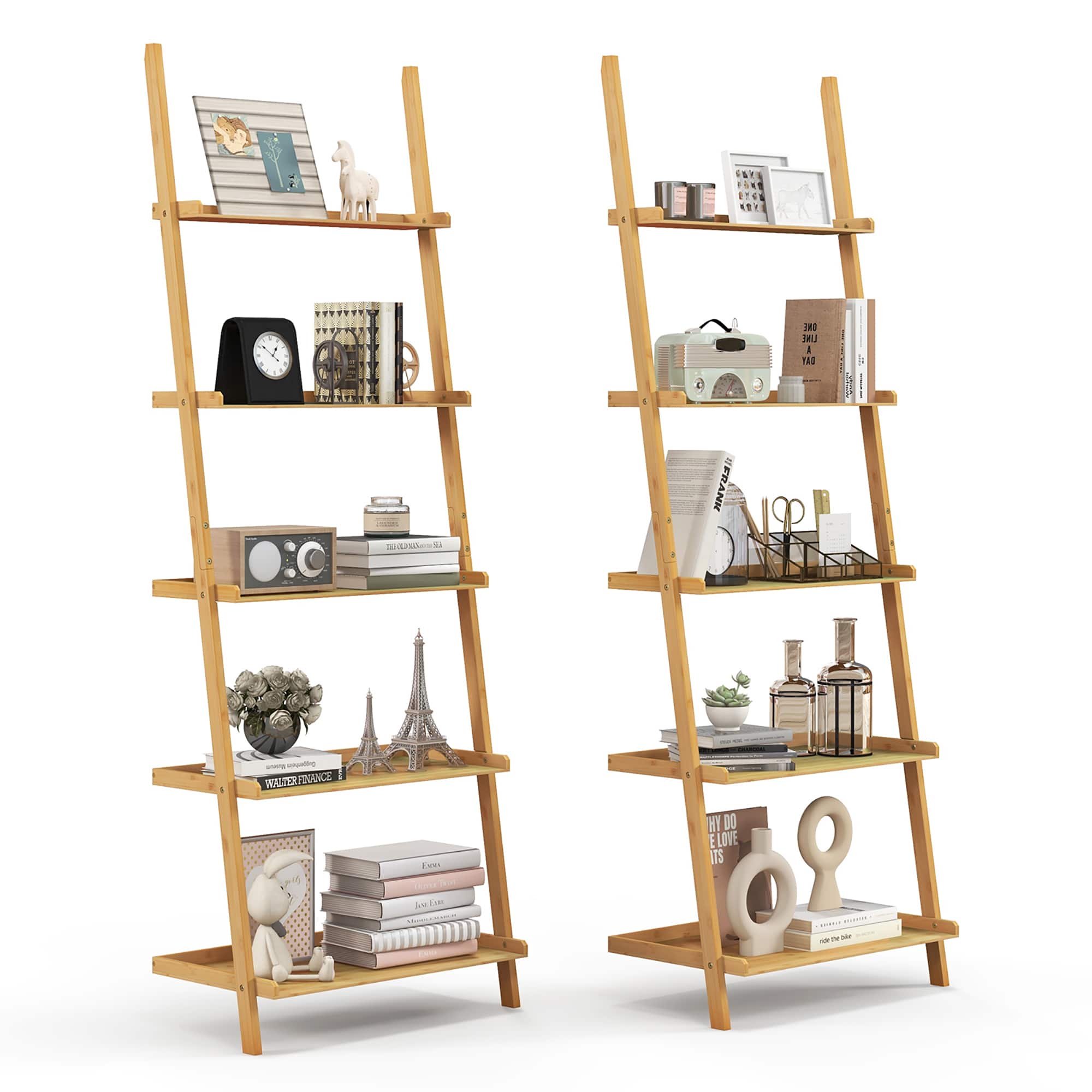 Costway - 2 PCS 5-Tier Bamboo Ladder Shelf Wall-Leaning Display Bookcase Storage Rack - Natural