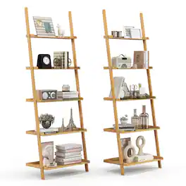 Costway - 2 PCS 5-Tier Bamboo Ladder Shelf Wall-Leaning Display Bookcase Storage Rack - Natural