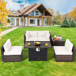 Costway - 6PCS Patio Rattan Furniture Set 42" Fire Pit Table Cover Sofa Cushion - Mix Brown/Off White