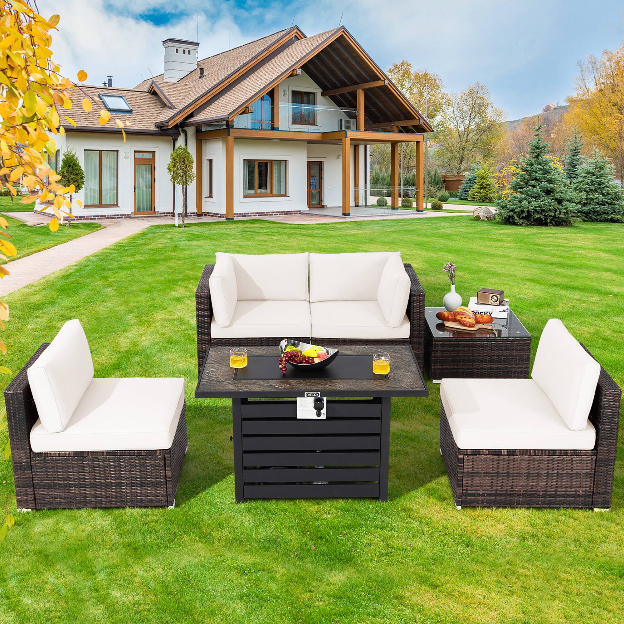 Alt View 1. Costway - Costway 6PCS Patio Rattan Furniture Set 42" Fire Pit Table Cover Sofa Cushion - Mix Brown,Off White.