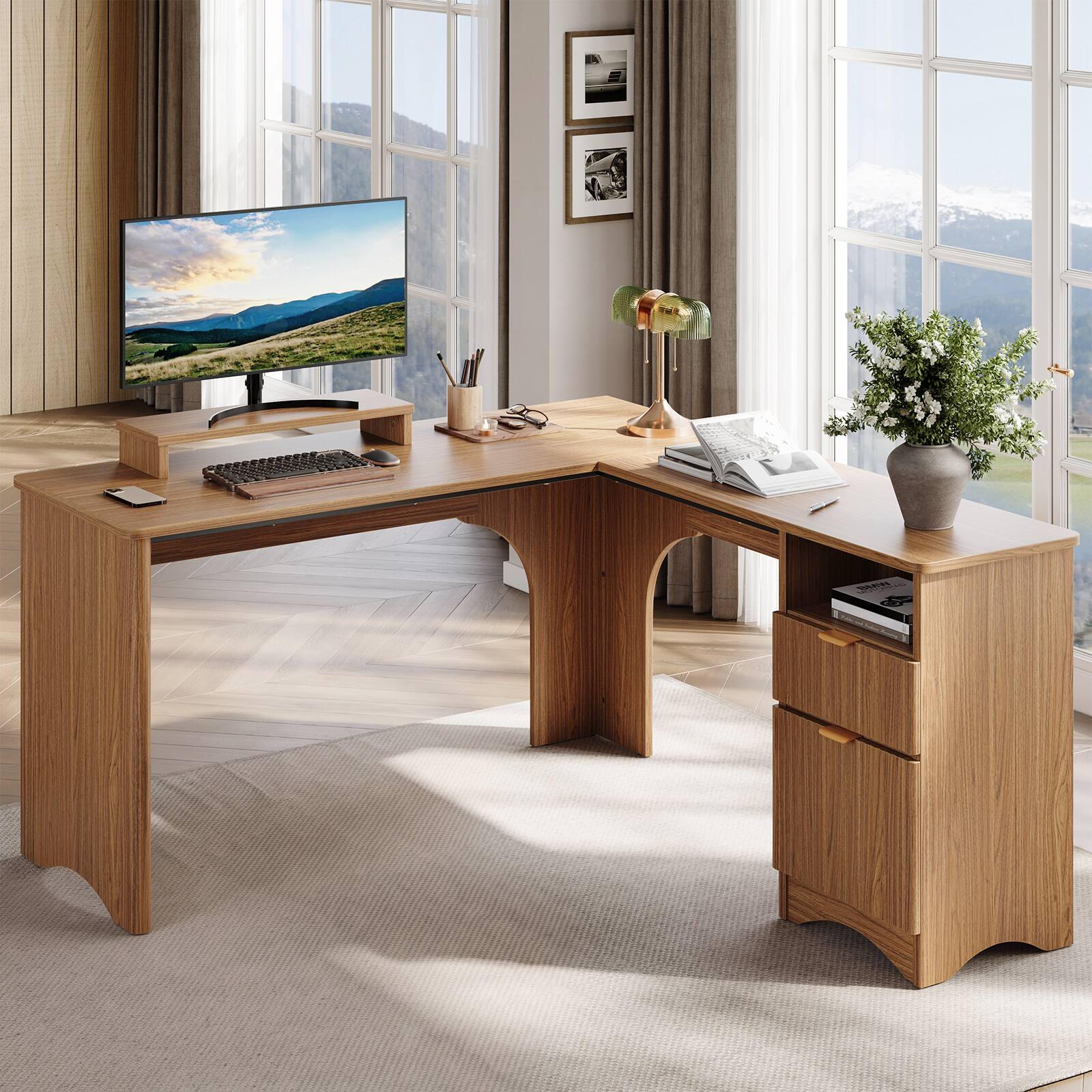 Left. Bestier - 55 Inch L-Shaped Computer Desk with File Drawer and Monitor Stand - Brown Oak.