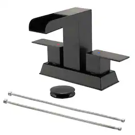 Black 4 Inch Centerset Faucet SUS304 Waterfall Spout 1.2GPM Dual Handle Pop Up Drain