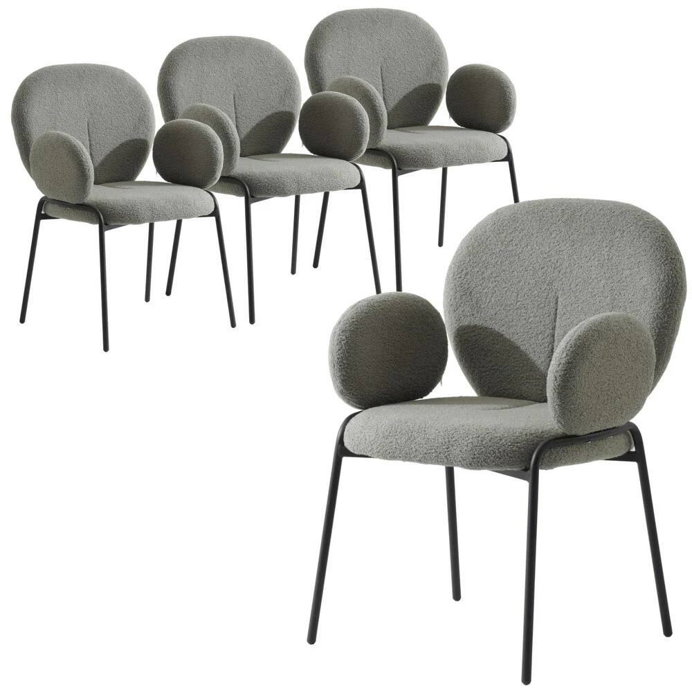 Front. LeisureMod - Celestial 4-PCS Modern Boucle Accent Chair with Arms, Padded Cushion Kitchen Chair, Powder-Coated Black Frame - Green.