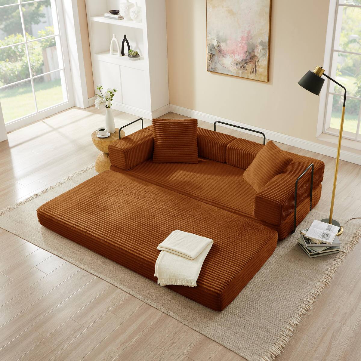 Alt View 2. Meqiodas - 81''Convertible Sofa Bed, Folding Floor Couch with Square Armrest, Comfy Sleeper Mattress for Living Room - Orange.