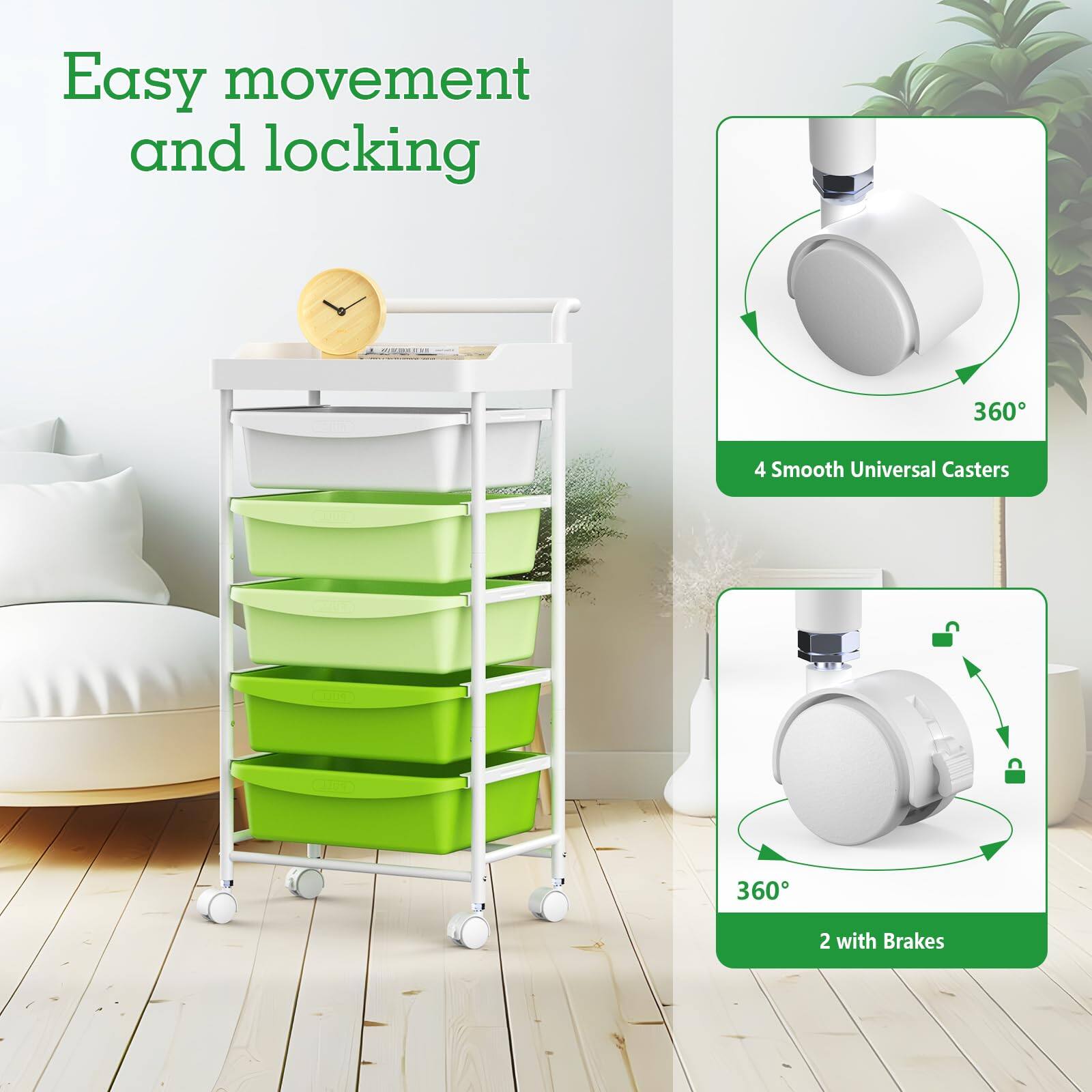 Easy movement and locking

4 Smooth Universal Casters 360°

2 with Brakes