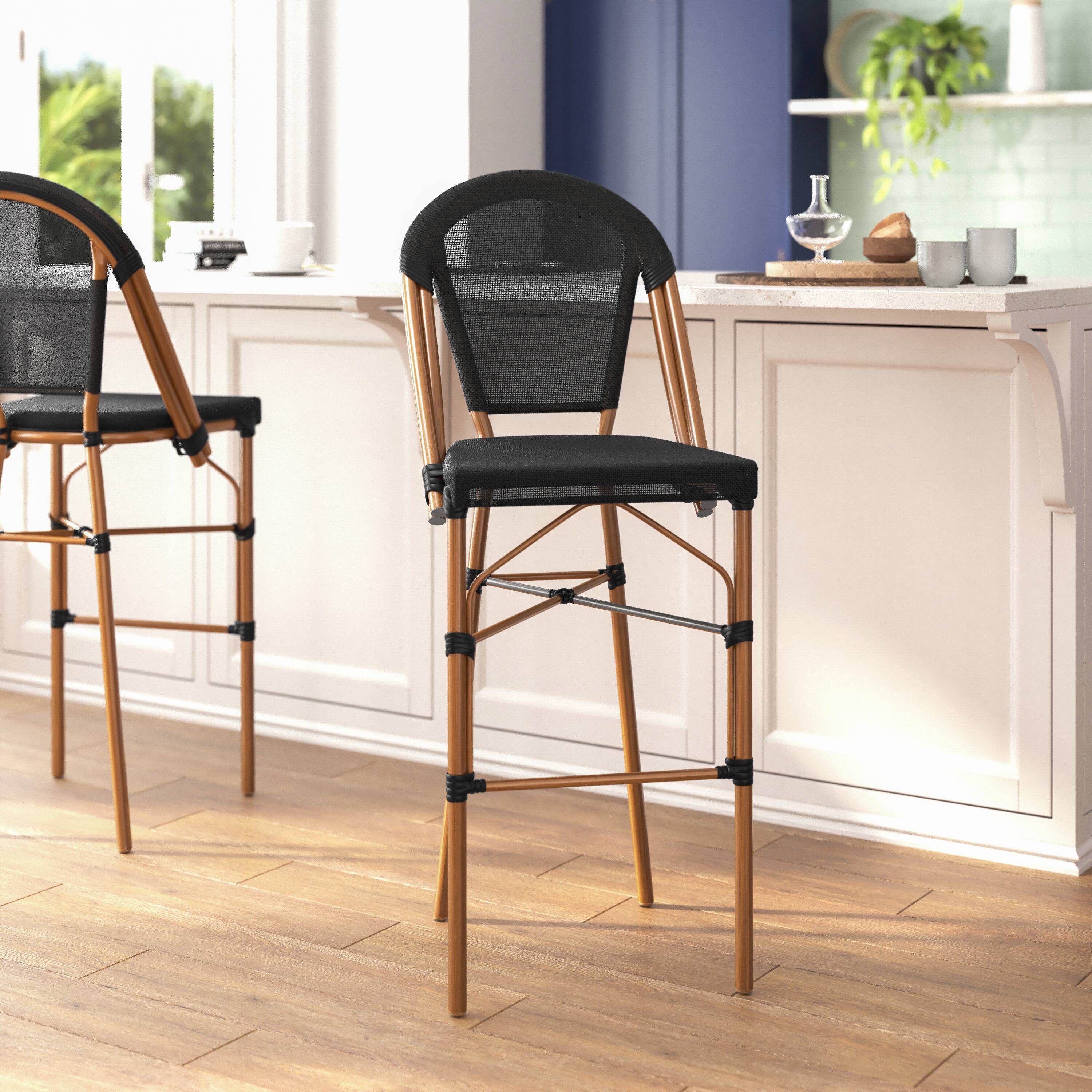 Alt View 4. Emma + Oliver - Massalia Indoor/Outdoor Bistro Style Bar Stools with Textilene Seat and Metal Frame - Black/Natural Frame.