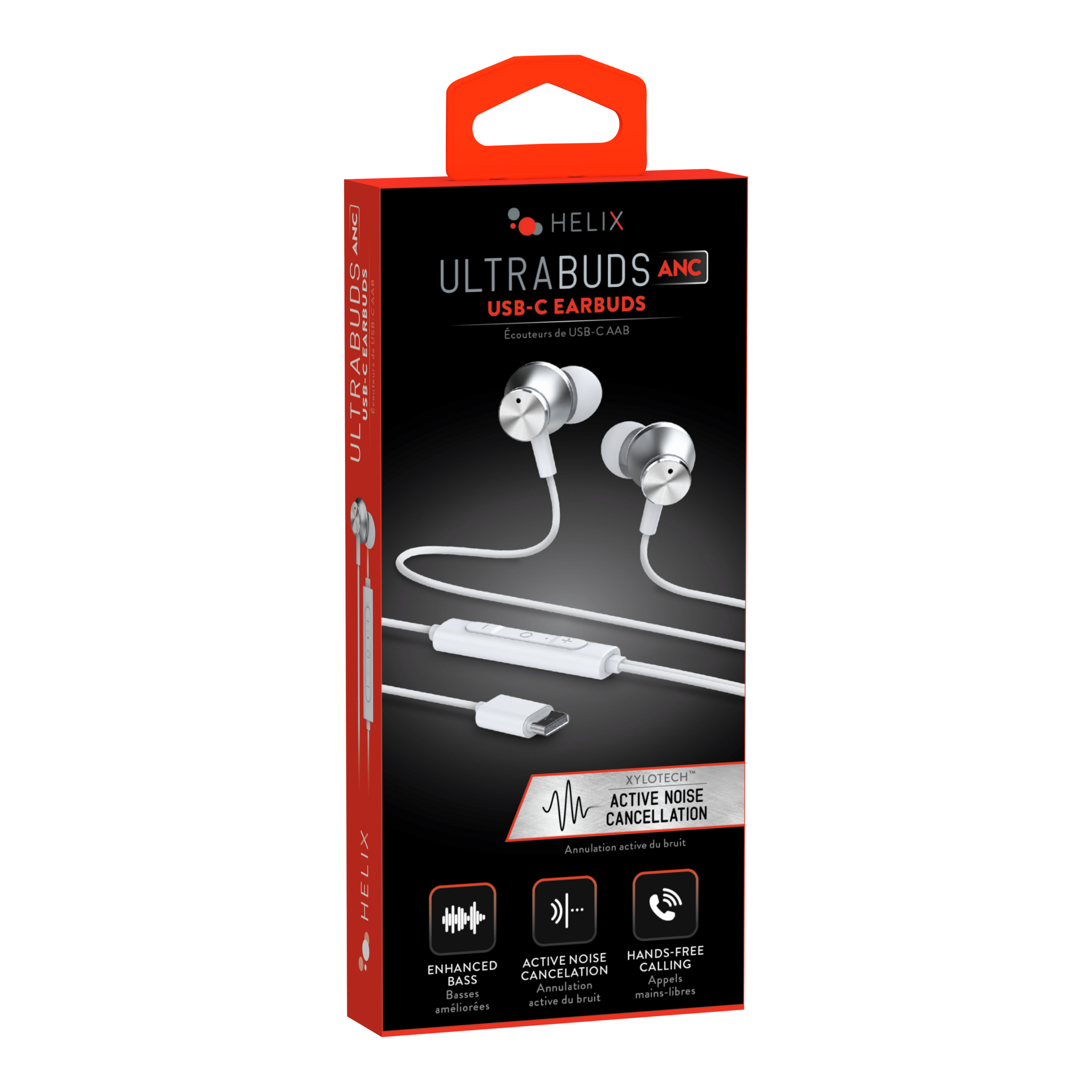 HELIX ULTRABUDS ANC  
USB-C EARBUDS  
Ecouteurs de USB-C AAB  

HELIX  
XYLOTECH  
ACTIVE NOISE CANCELLATION  
Annulation active du bruit  
HANDS-FREE ENHANCED CALLING  
Appels mains-libres améliorés  
ENHANCED BASS  
Basses améliorées