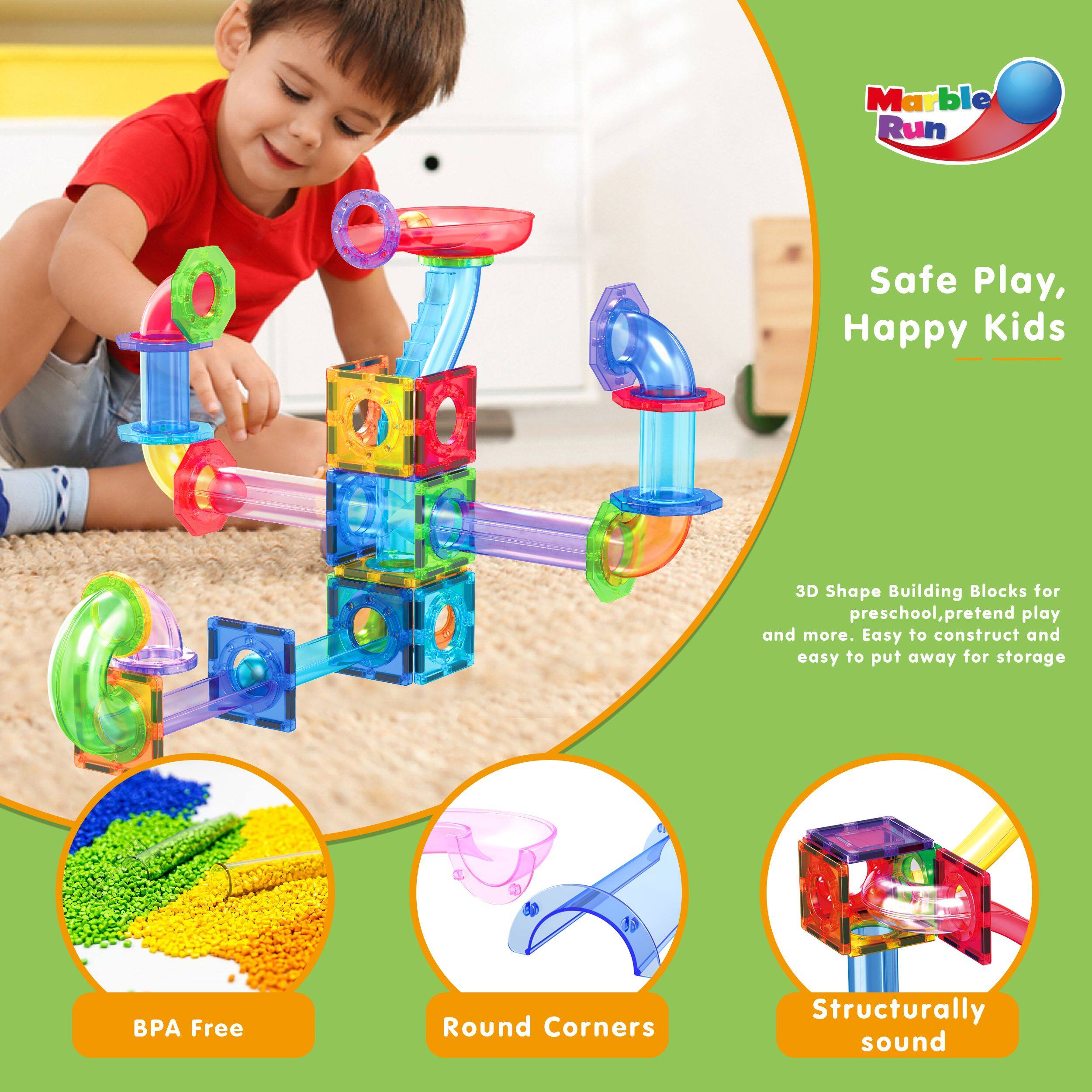 Marble Run Safe Play, Happy Kids  
3D Shape Building Blocks for preschool, pretend play and more.  
Easy to construct and easy to put away for storage  
BPA Free  
Round Corners  
Structurally sound