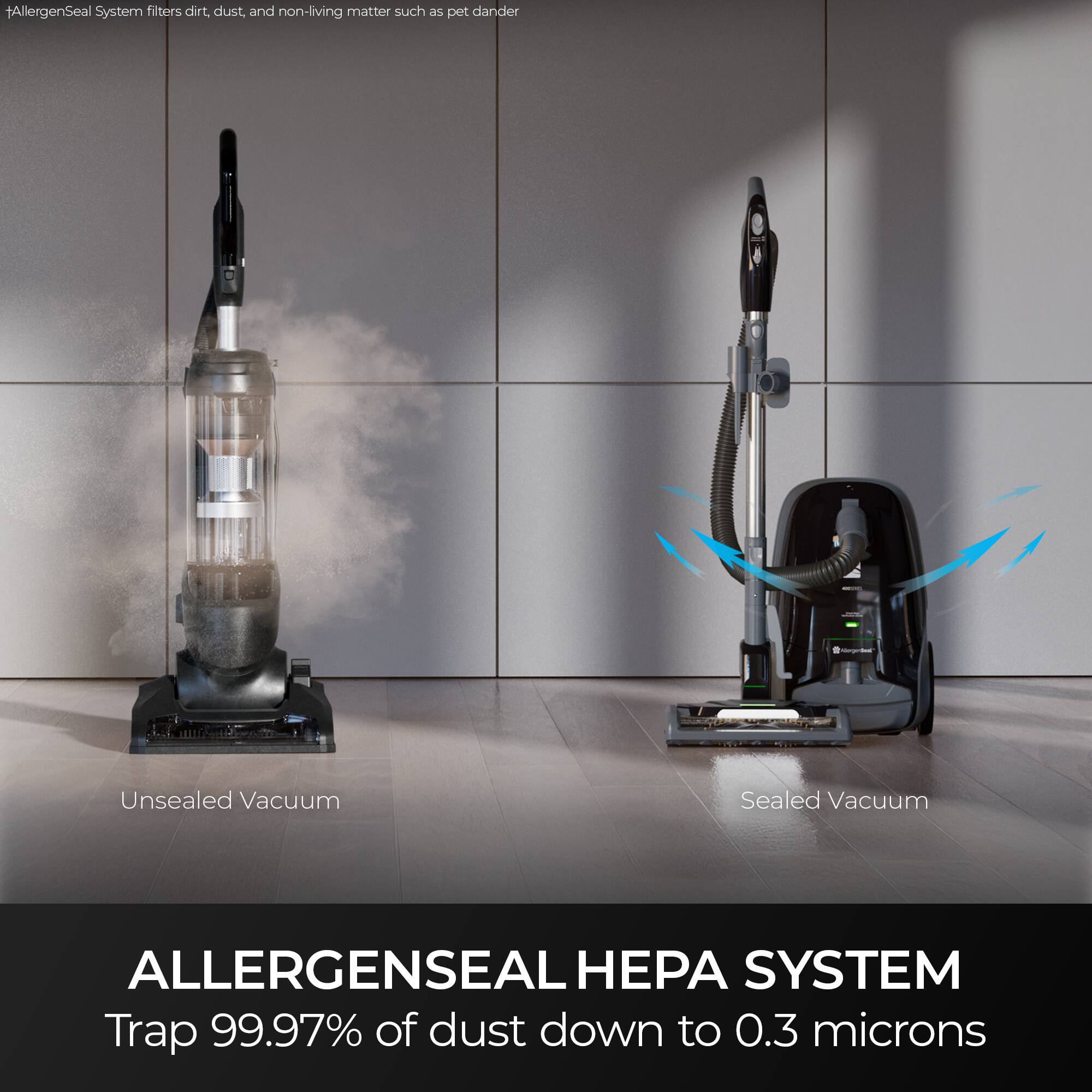 AllergenSeal System filters dirt, dust, and non-living matter such as pet dander

Unsealed Vacuum
Sealed Vacuum

ALLERGENSEAL HEPA SYSTEM
Trap 99.97% of dust down to 0.3 microns
