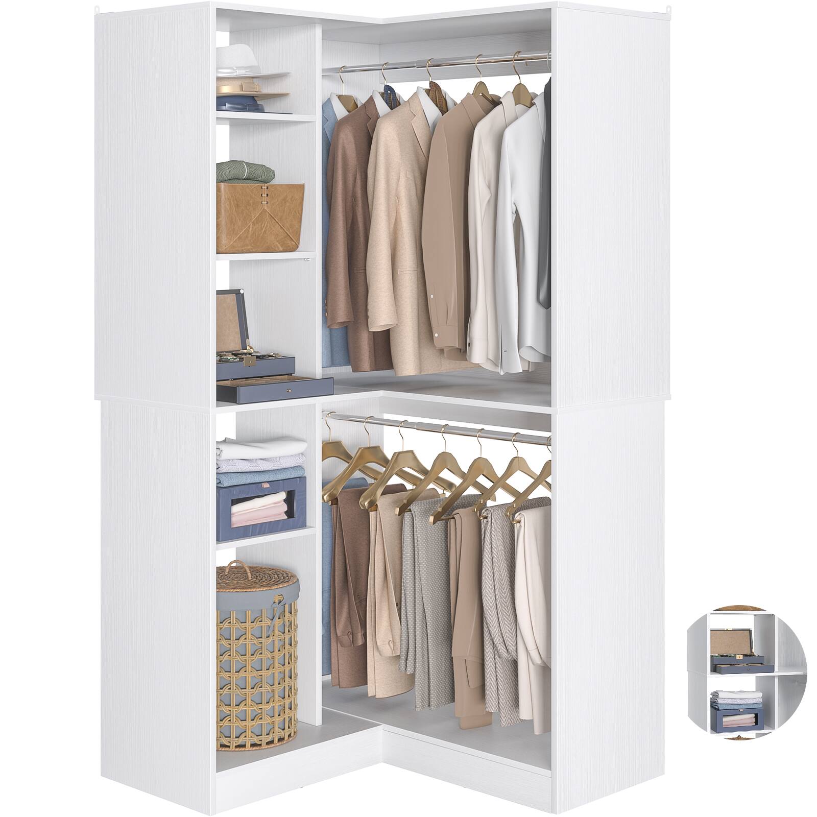 Alt View 3. Aheaplus - 36"Corner Closet Organizer: Freestanding System With 2 Rods & 8 Shelves (36"W x 16"D x 80"H) - White.