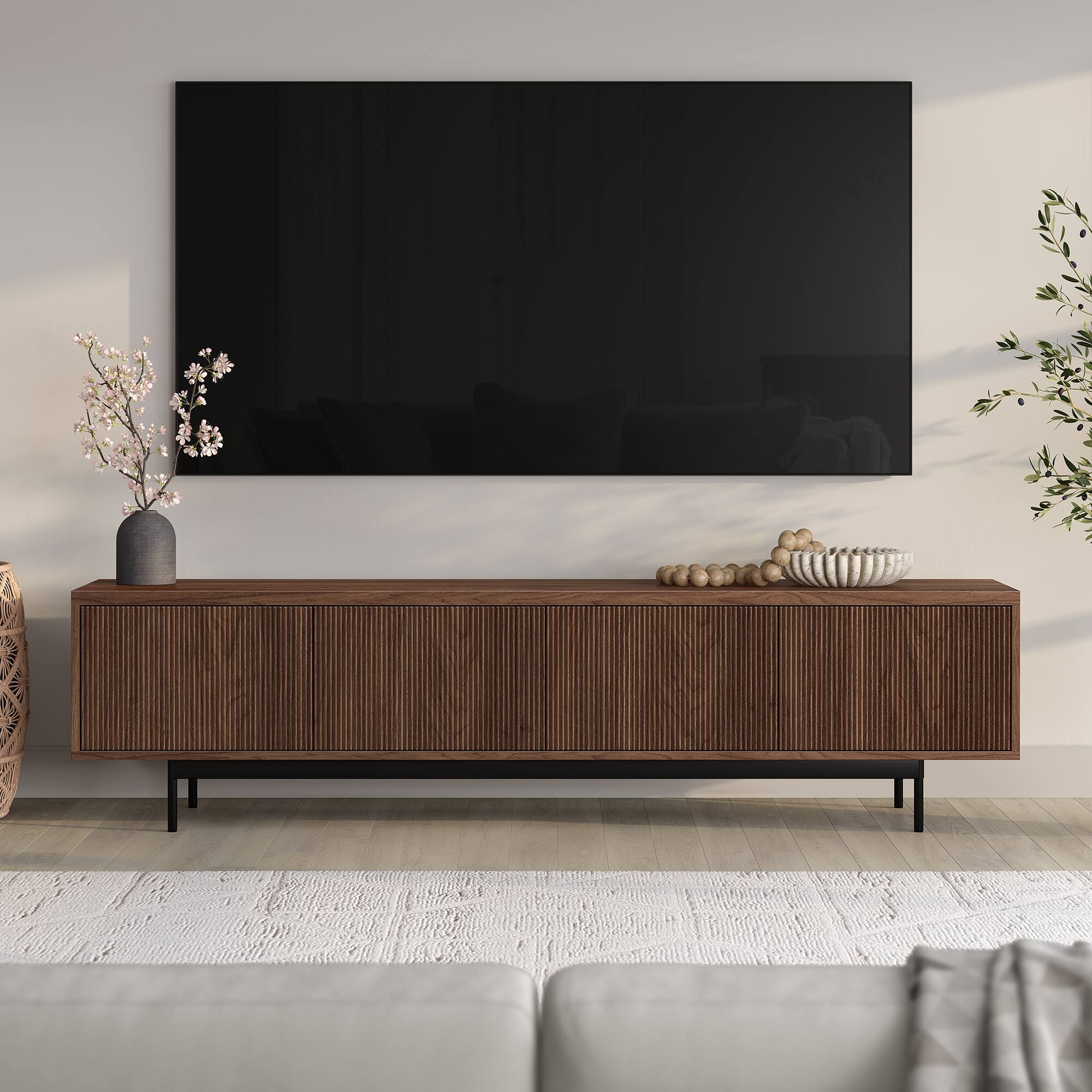 Alt View 2. Hudson&Canal - Whitman Rectangular Fluted TV Stand for TV's up to 85" in Satin Walnut - Satin Walnut.