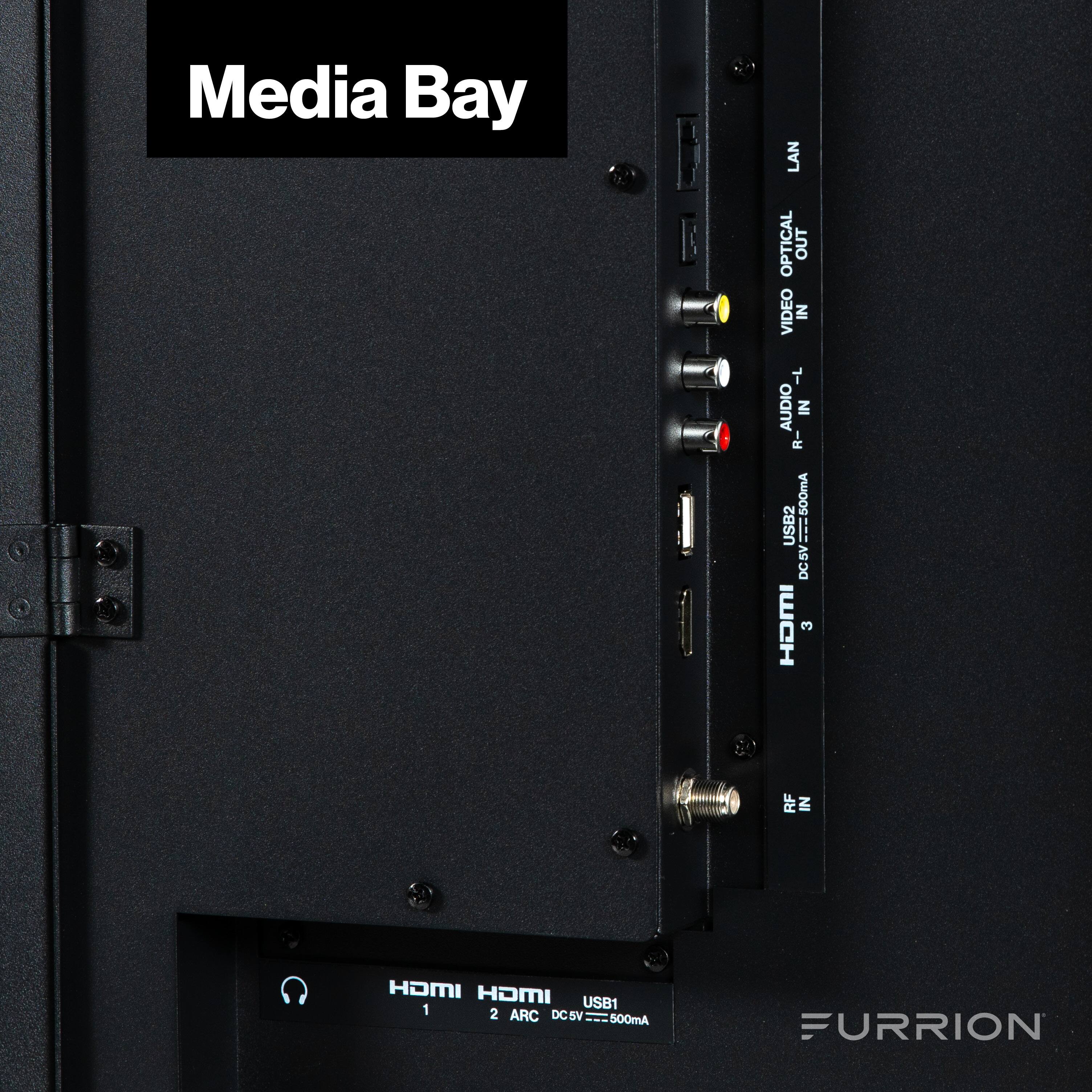 Media Bay

- LAN
- OPTICAL OUT
- VIDEO IN
- AUDIO IN (L, R)
- USB2 DC5V=500mA
- HDMI 3
- RF IN
- HDMI 1
- HDMI 2 ARC
- USB1 DC5V=500mA

FURRION