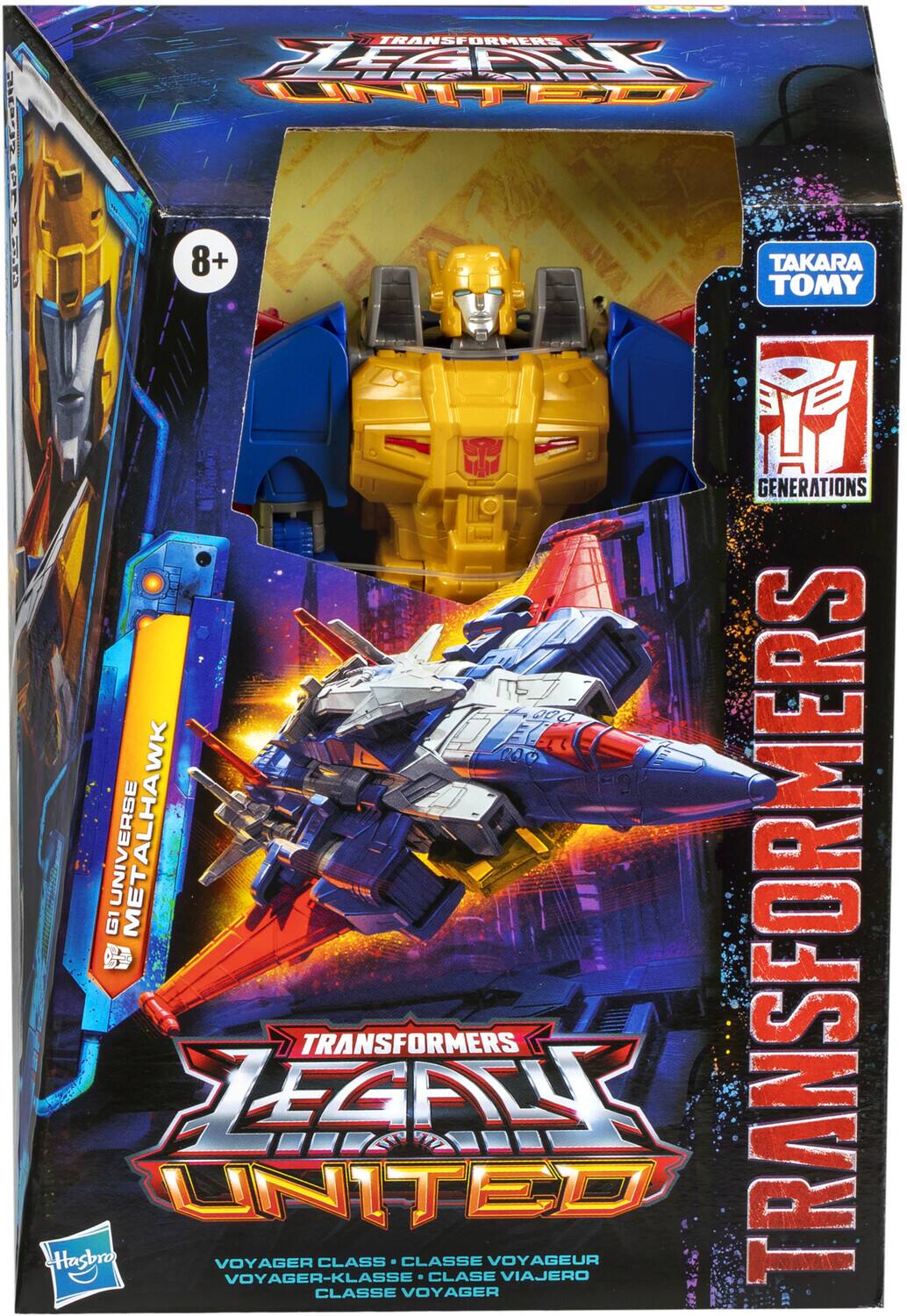 The text on the image is:

- Transformers Tloare Wne I Ls 1 P 8+ Takara Tomy Generations 00a El 140 G1 Universe Met Metalhawk Transformers Leegant United Hasbro Voyager Class. Classe Voyageur Viajero Voyager-Klasse - Classe Voyageur

Corrected and grouped text:

- Transformers Tloare Wne I Ls 1 P 8+ Takara Tomy Generations 00a El 140 G1 Universe Met Metalhawk Transformers Leegant United Hasbro Voyager Class. Classe Voyageur Viajero Voyager-Klasse - Classe Voyageur

This appears to be a mix of product information and translations for the "Transformers" toy, specifically the "Voyager Class" line.