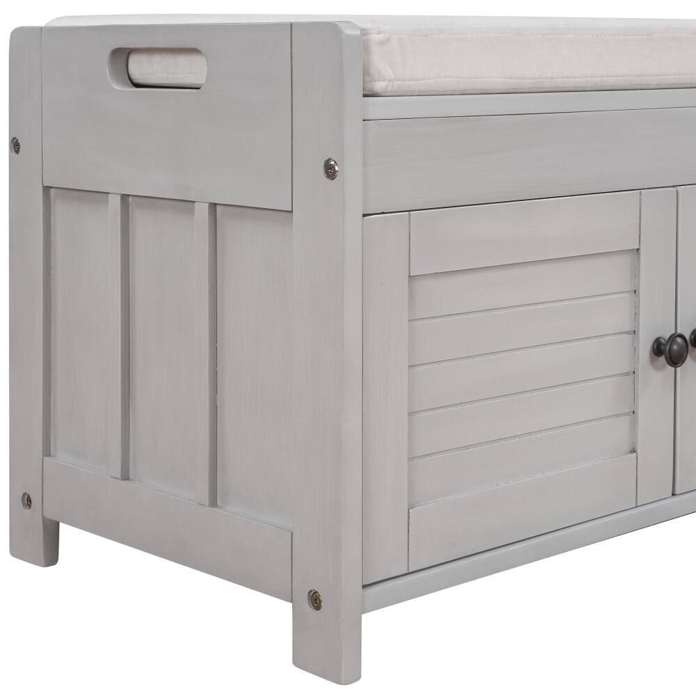Alt View 6. Ropilly - Ropilly Gray Wash Storage Bench with Shutter Doors Removable Cushion and Hidden Storage Entryway Shoe Bench - Gray Wash.
