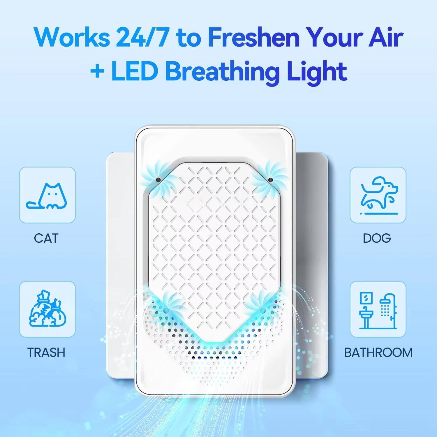 Works 24/7 to Freshen Your Air + LED Breathing Light

CAT  
DOG  
TRASH  
BATHROOM