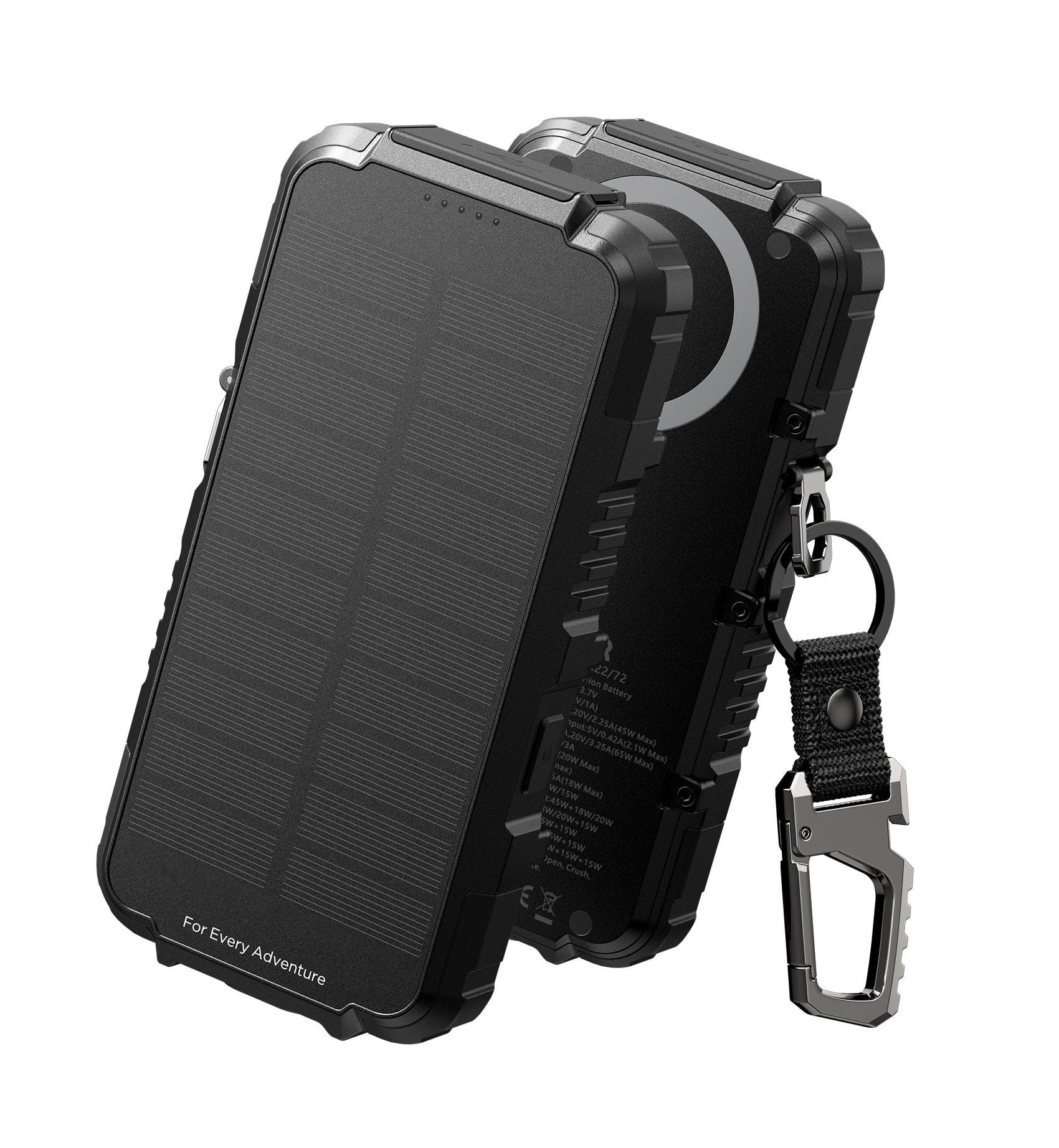 Dexnor - Solar Wireless Charger Power Bank 27,000mAh, 65W PD3.0 & QC3.0 Fast Charging with Carabiner, Compatible with MagSafe& Qi - Black