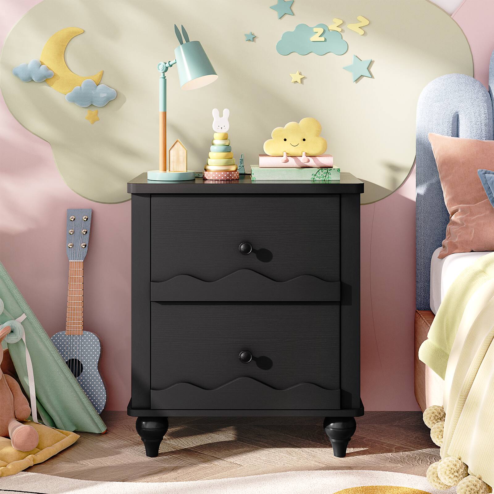 Alt View 4. Aheaplus - Nightstand with 2 Drawers, Farmhouse Nightstand with Charging Station, 2 Piece Set - Black.