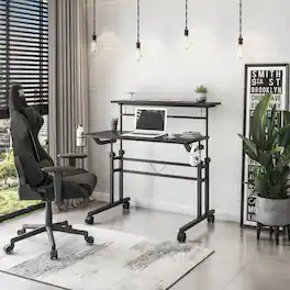 GOODSILO - Adjustable Height Rolling Writing Desk with Moveable Shelf and Locking Wheels - Black