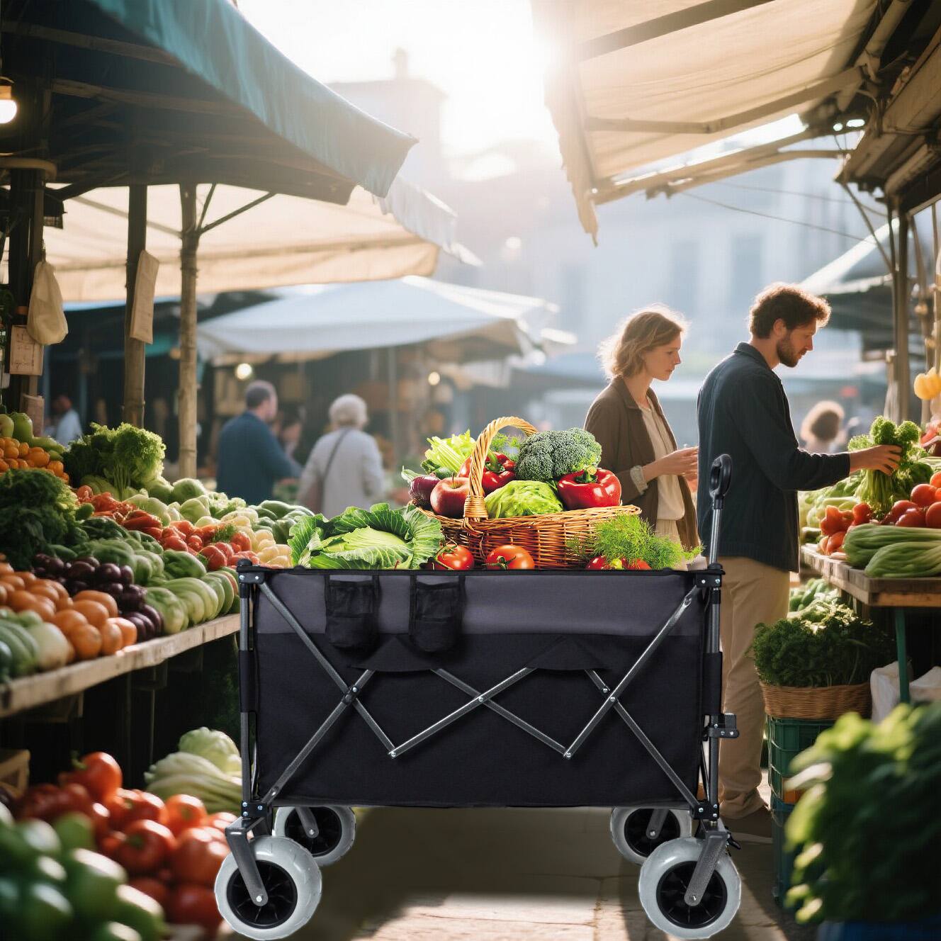 Left. Mondawe - 300L XL Folding Wagon Utility Carts w/ All-Terrain Wheels, Brakes and Cup Holders - Black.