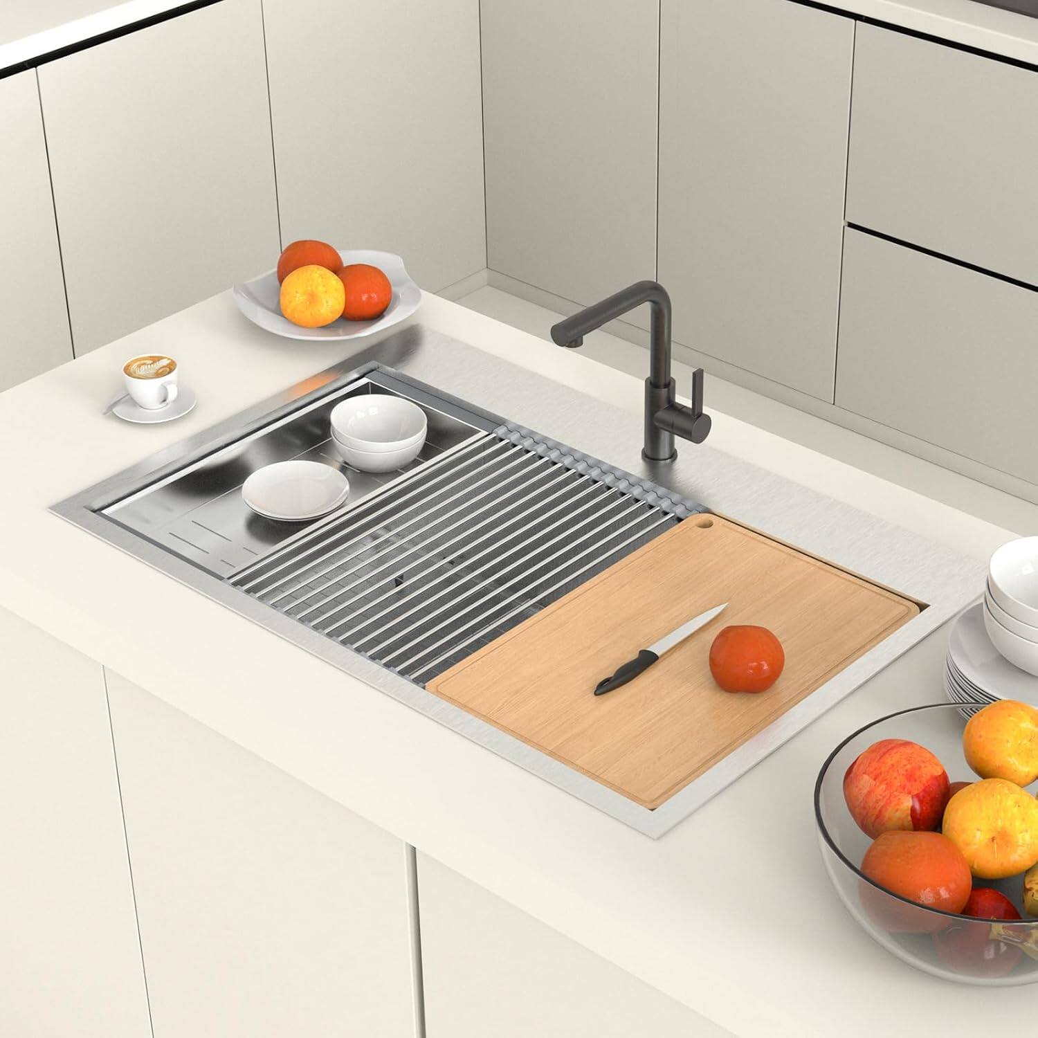 Alt View 2. Winado - 33"L x 22"W x 9"H Top Mount Kitchen Sink with Cutting Board and Drying Rack for Food Prep Area & Kitchen Dishwashing Use - Silver.