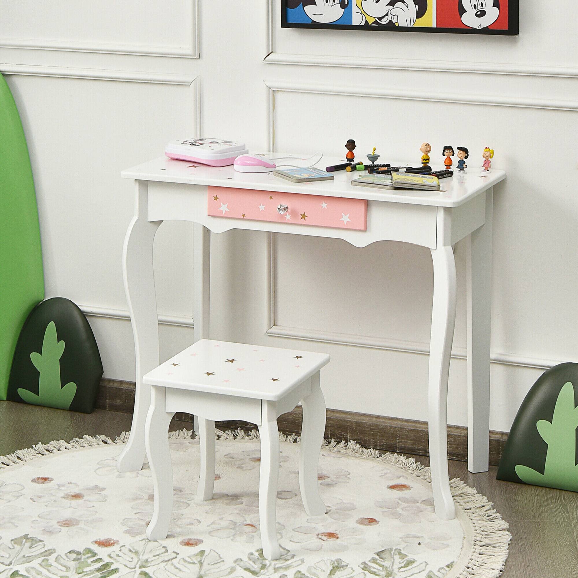Alt View 3. Gymax - Gymax Kids Vanity Princess Makeup Dressing Table Chair Set W/ Tri-folding Mirror White - White.