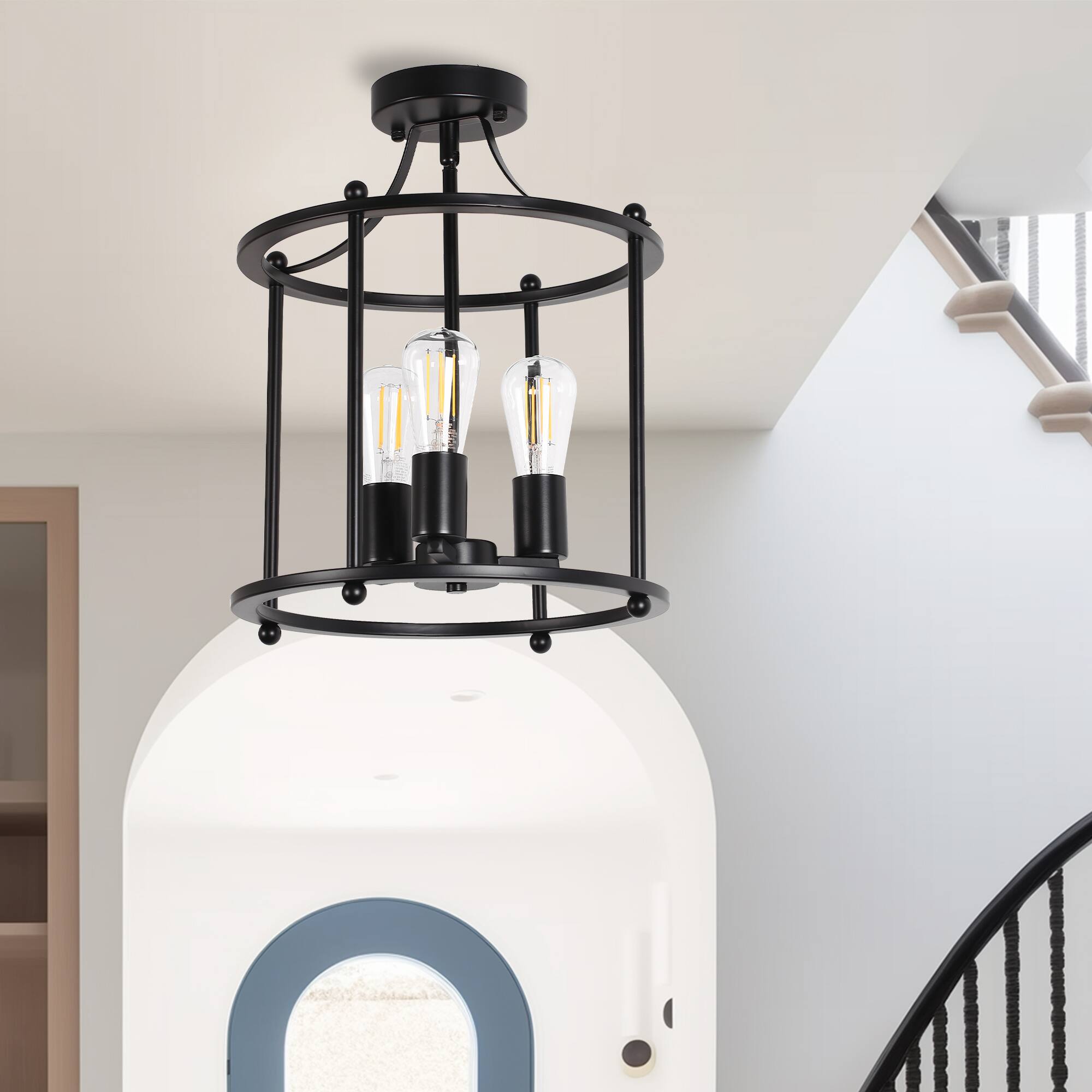 Angle. Jandcase - JANDCASE 3-Light Black Semi-Flush Mount Ceiling Light, E26 Socket, Non-Integrated Bulbs, for Bedroom - Black.